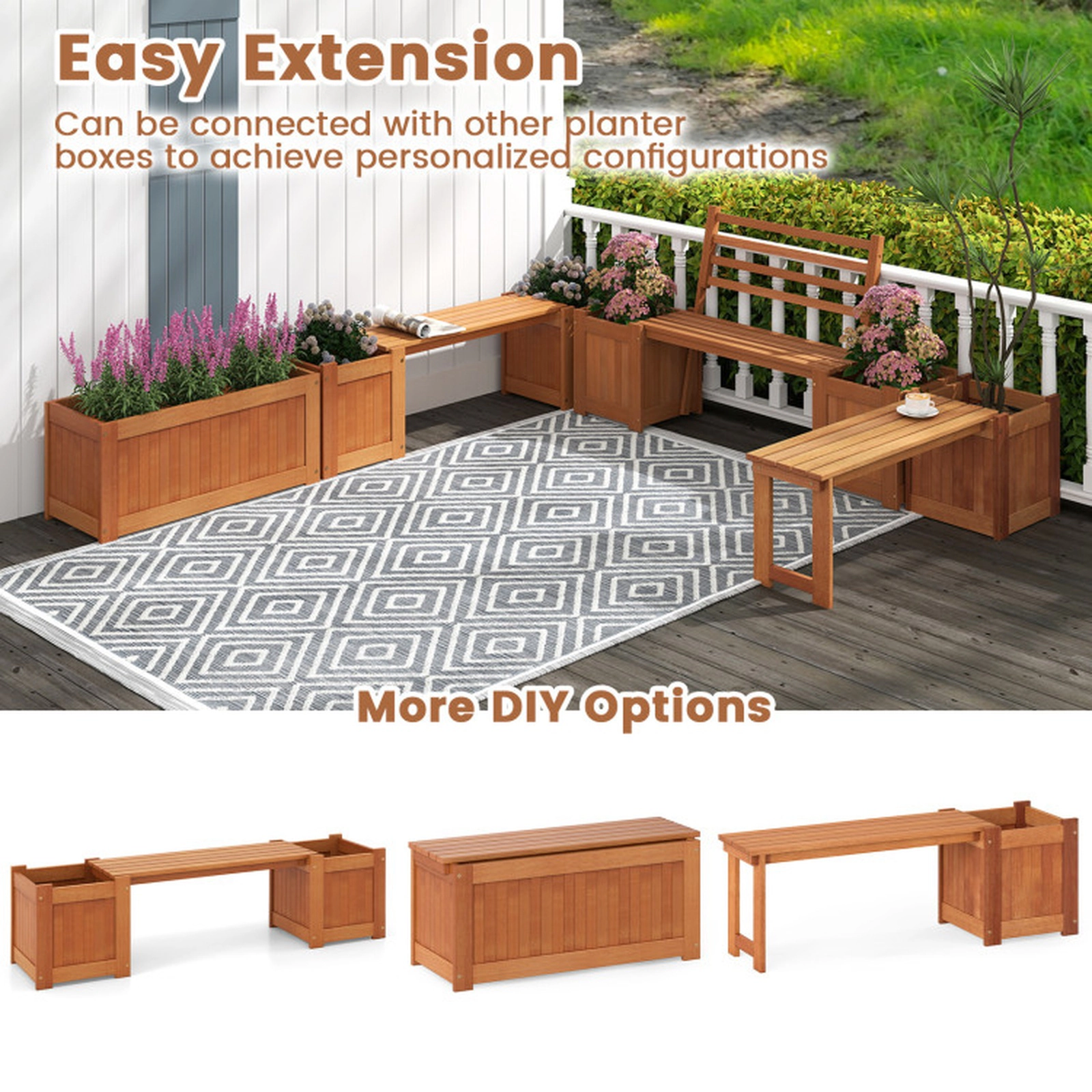 SUGIFT Hardwood Planter Bench with Backrest 330-lb Capacity Wood Seat with Dual Planter Boxes 68-in Wide Natural Color