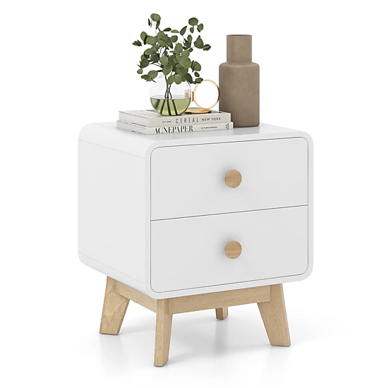 Glintex Mid-Century 2-Drawer Nightstand with Rugged Rubber Wood Legs and 110-Lb Top