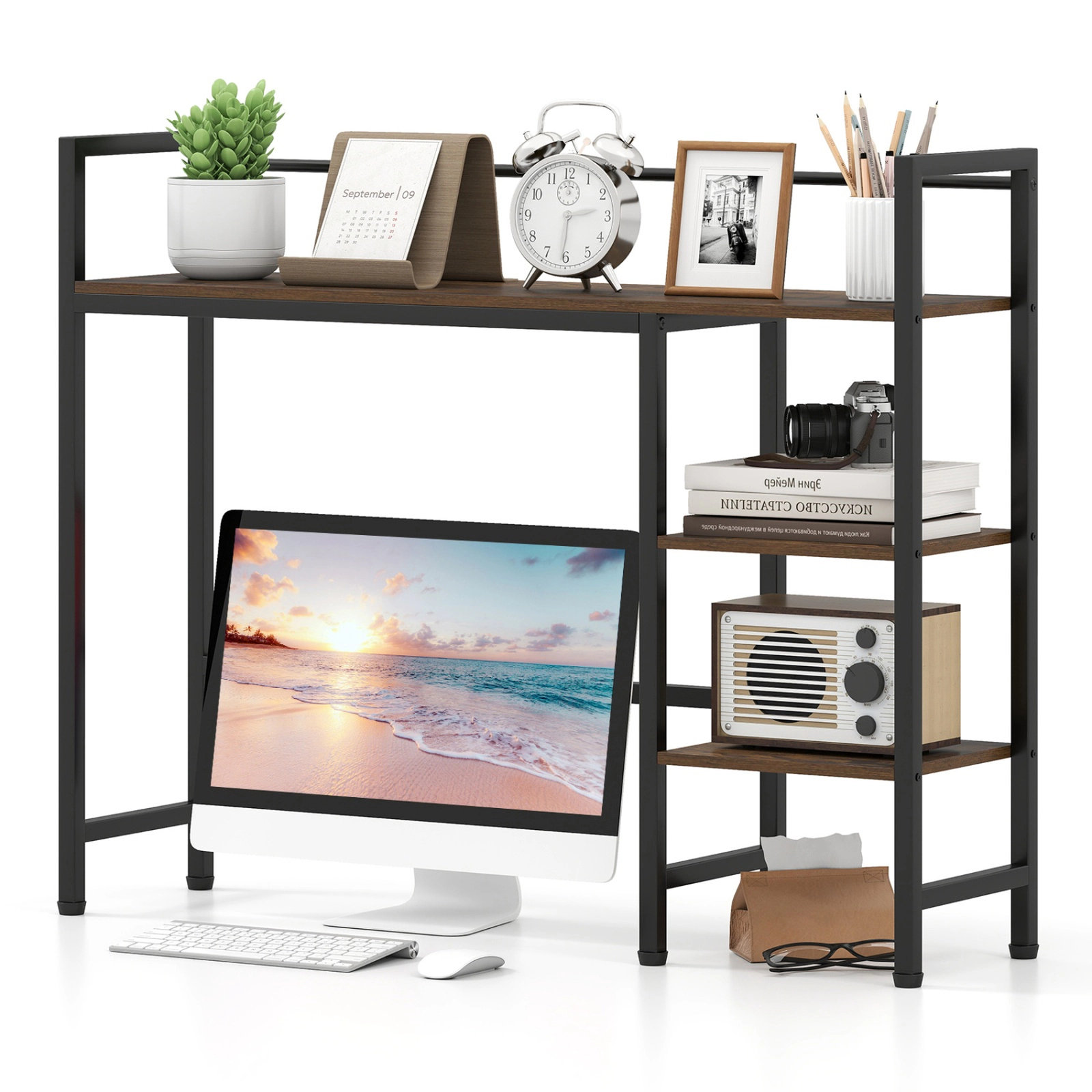 SUGIFT 38.5-in Desktop Bookshelf Monitor Hutch with Reversible Side Rack and 110-lb Top for Home Office