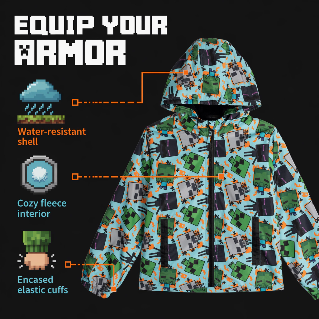 Minecraft Hooded Zip-Up Rain Jacket