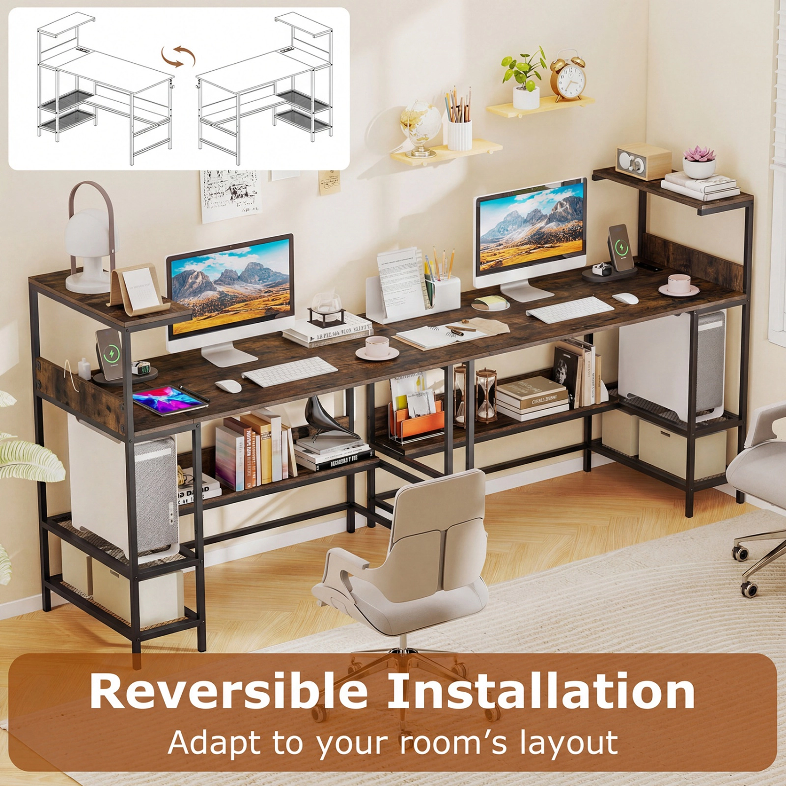 SUGIFT 48-Inch Rustic Brown Computer Desk with 3-Tier Storage Tower and Mesh Shelves