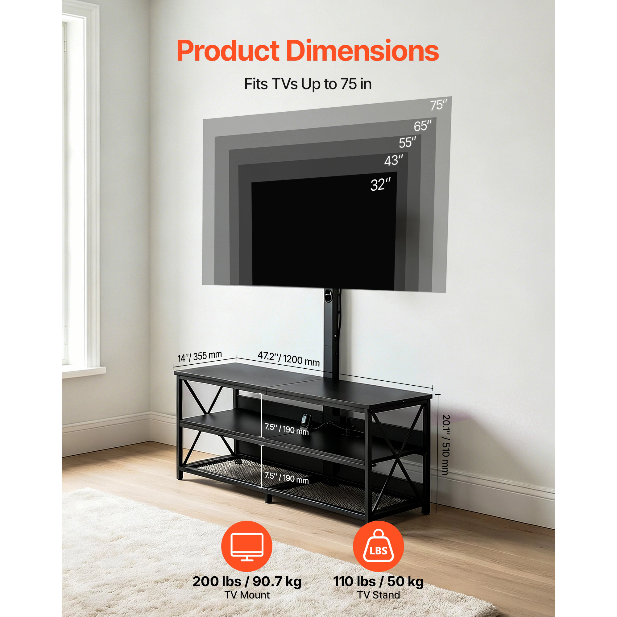 HONGGE TV Stand Console with Power Outlet for 32-75 Inch TVs, Height Adjustable Entertainment Center with Storage