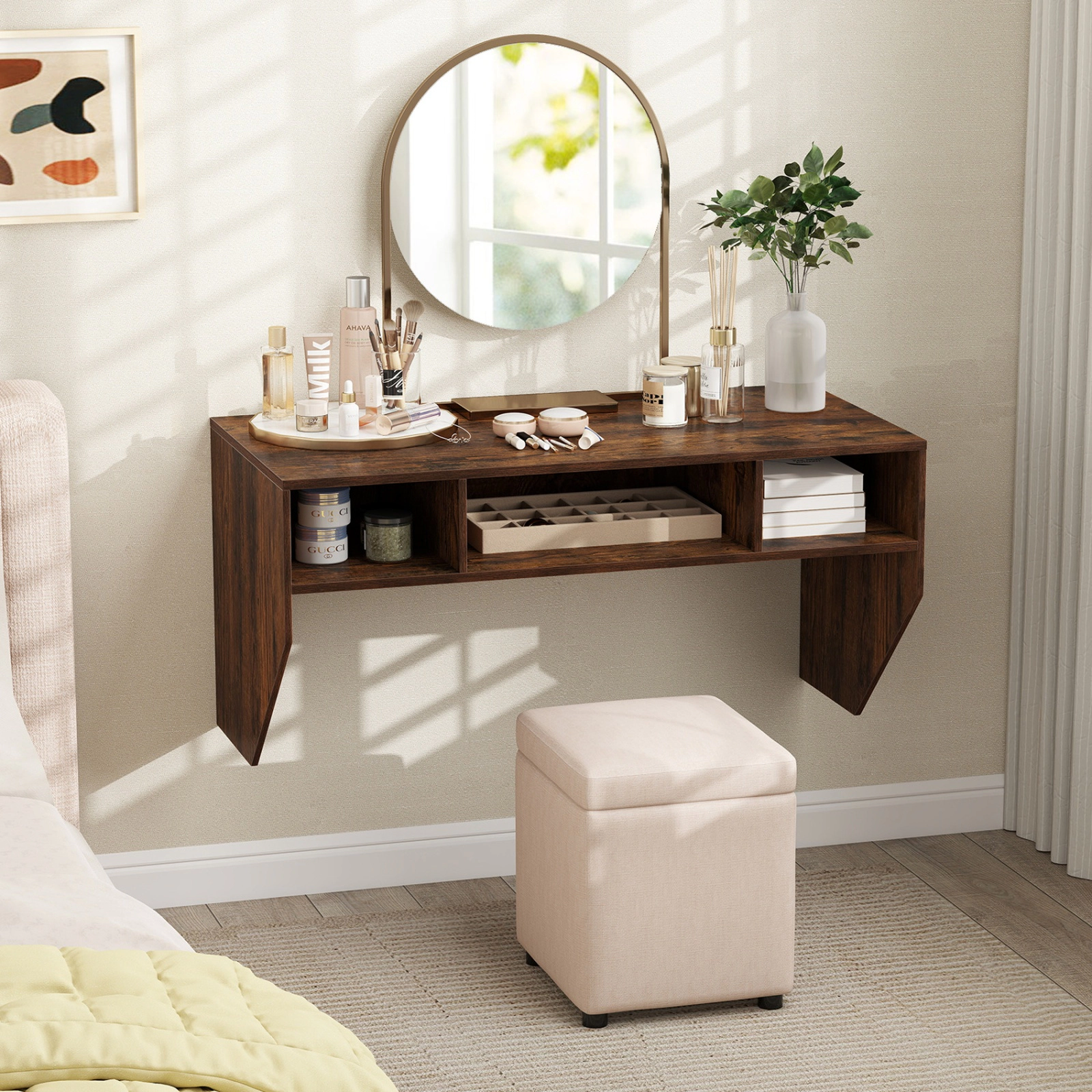 SUGIFT Rustic Brown Floating Laptop Desk, 41.5 in Wall-Mounted Desk with 3 Storage Cubes