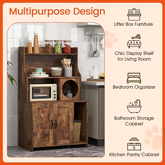 SUGIFT Modern Wooden Cat Litter Box Enclosure with Storage Shelves 66-lb Tabletop Capacity Brown