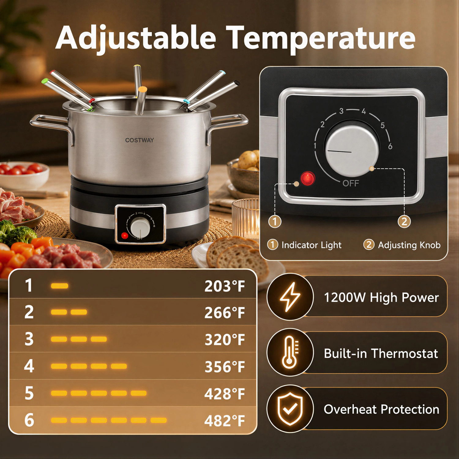 LJG 1200W Electric Fondue Pot Set with Removable Stainless Steel Pot and 6 Forks