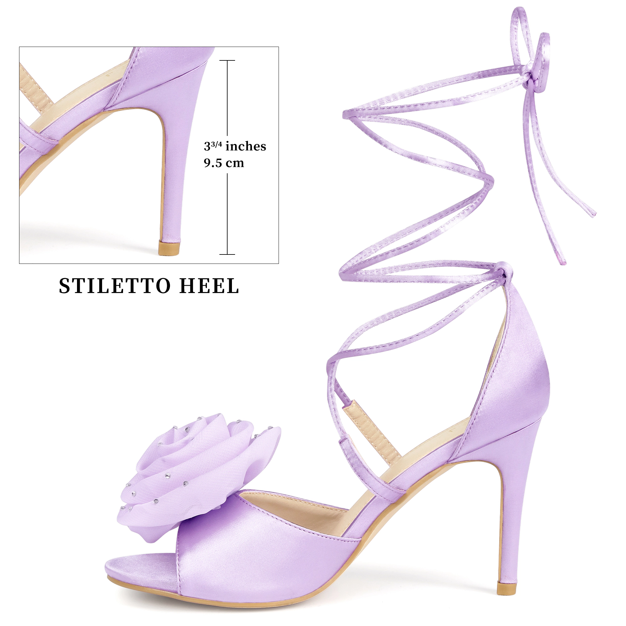 BLISSFUL STEP Women's Rhinestone Flower Open Toe Lace Up Stiletto Heel Sandals
