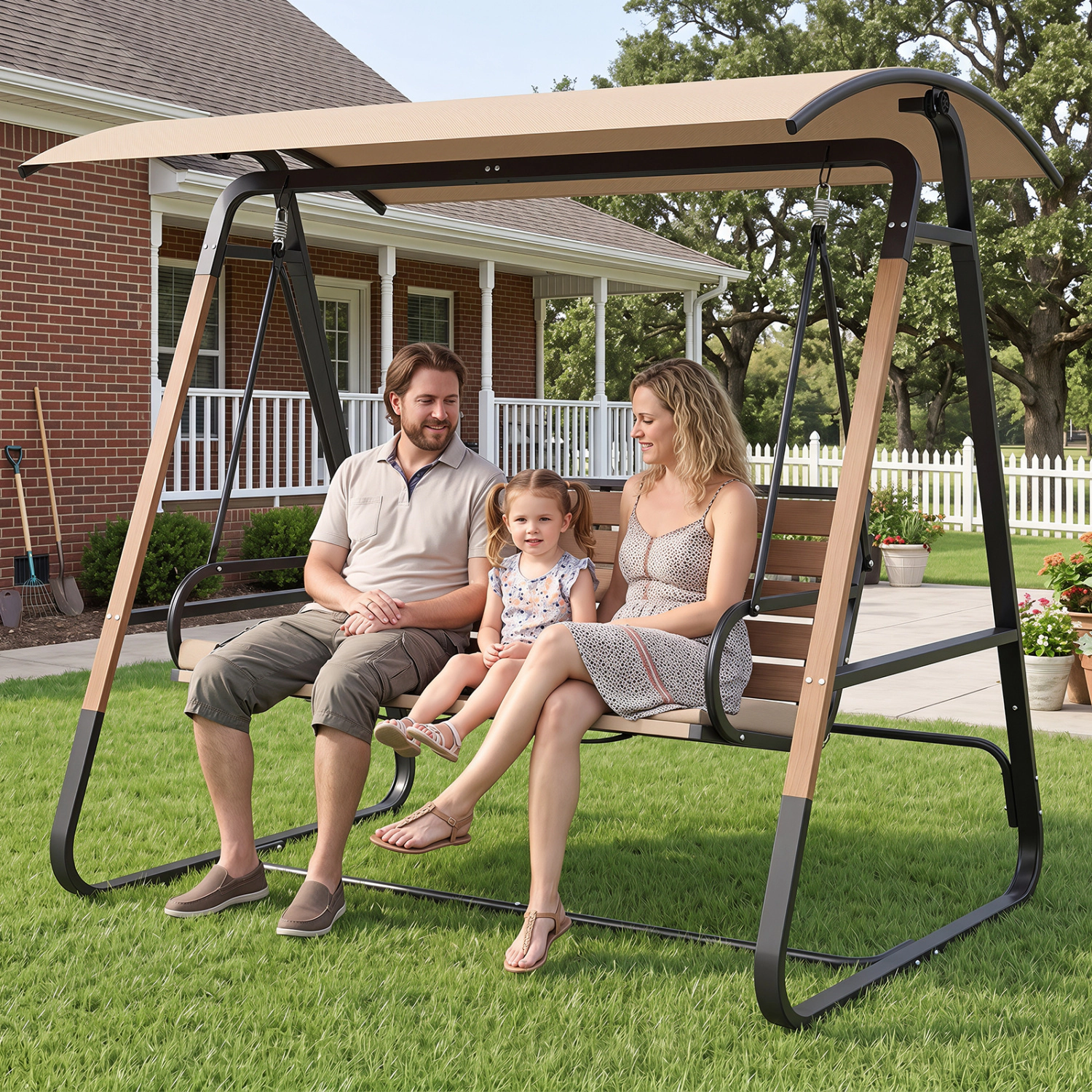 LJG 3-Person Porch Swing Outdoor with Adjustable Canopy