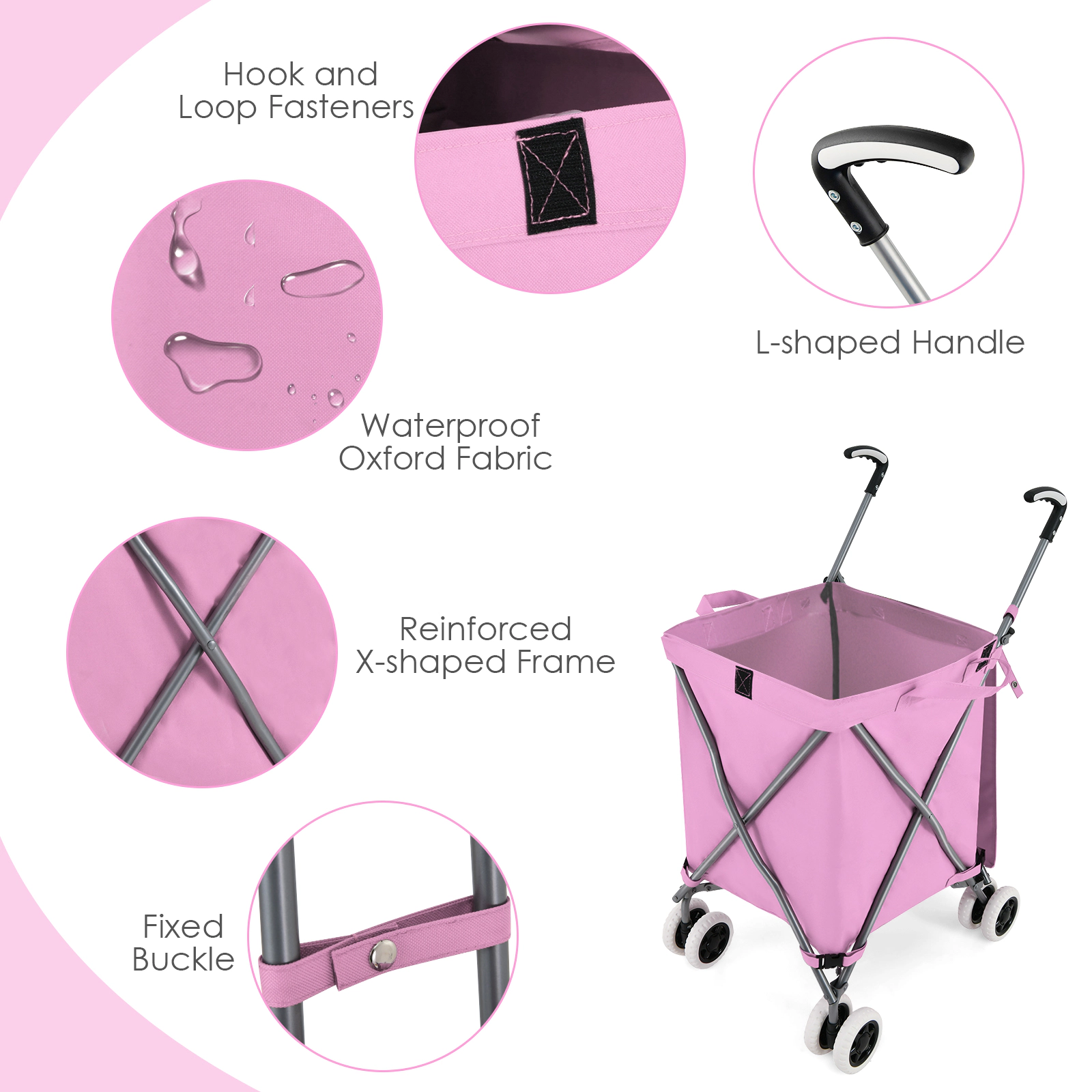 SUGIFT Folding Shopping Utility Cart Pink with Removable Water-Resistant Canvas Bag