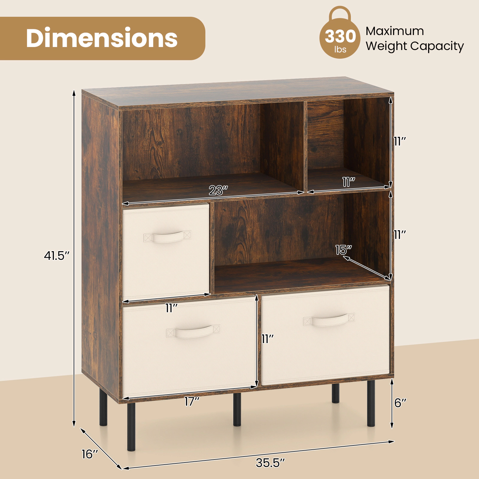 SUGIFT 6-Cube Bookshelf with 3 Removable Folding Fabric Drawers 330-lb Capacity Rustic Brown