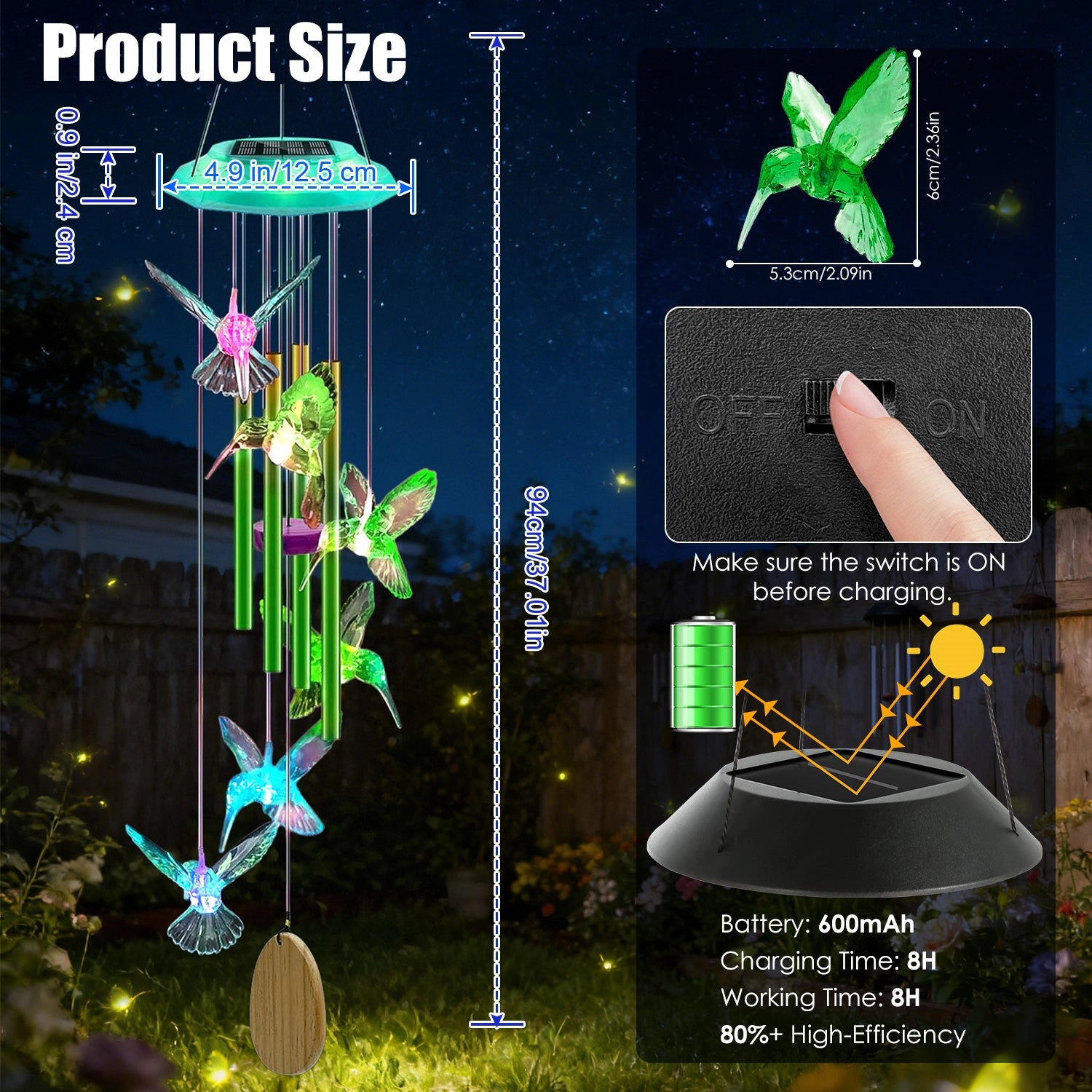 GBruno Solar Hummingbird Wind Chime With LED Lights