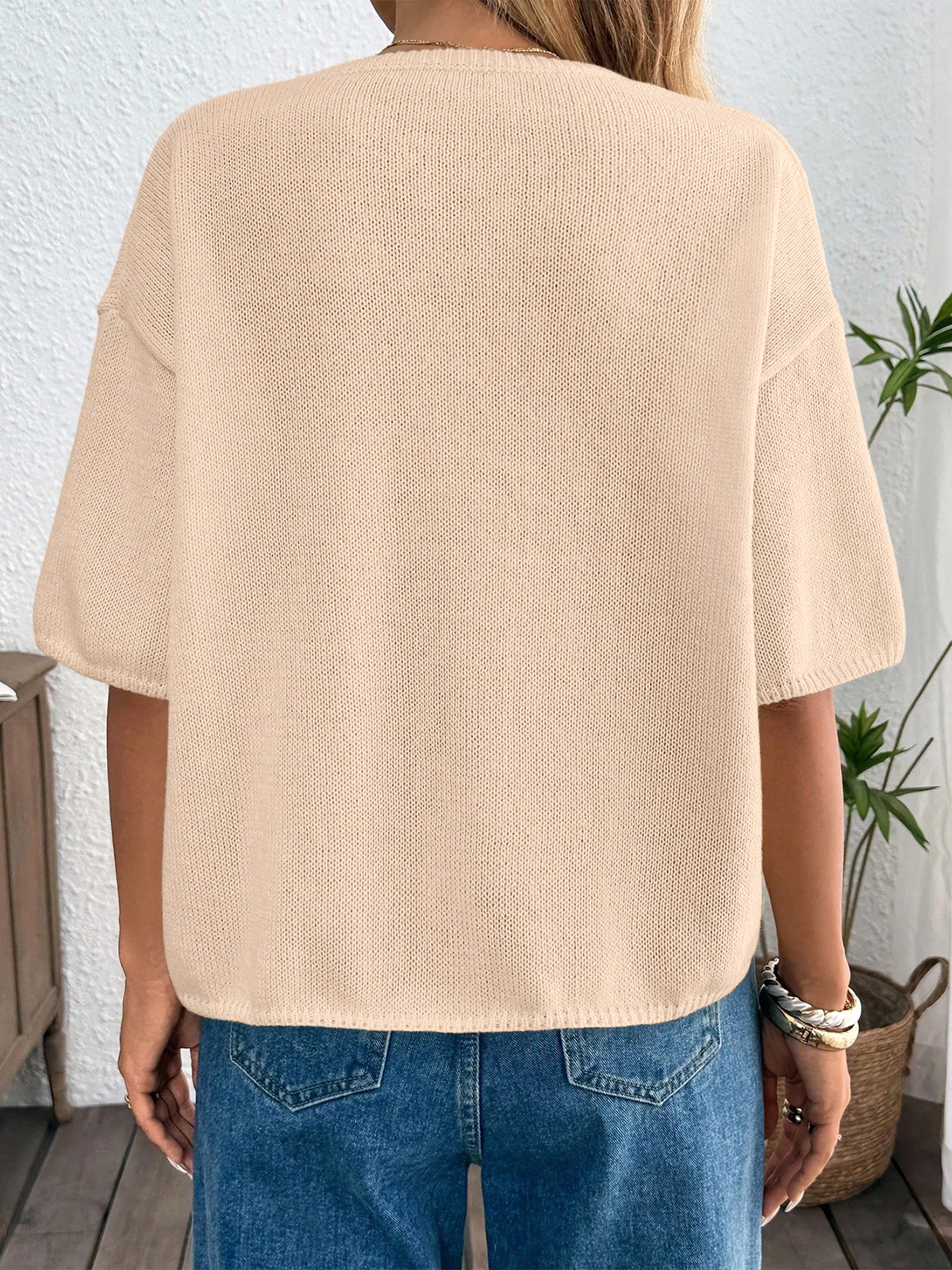 KOJOOIN Women's Tie Front Cardigan Short Sleeve Knit Top Crew Neck Ribbed Trim Loose Fit Tops
