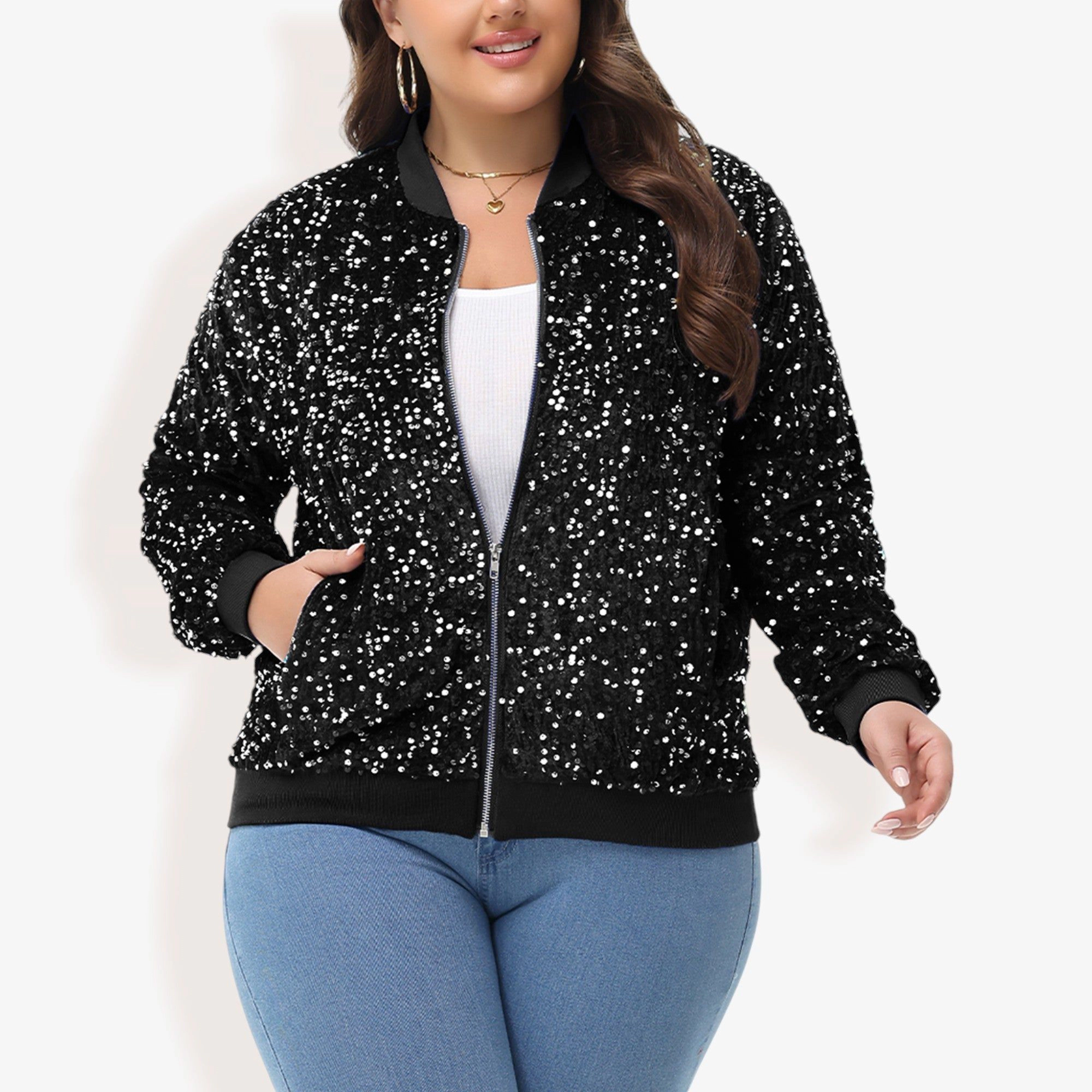 Anna-Kaci Women's Plus Sequin Zip-Up Bomber Jacket with Pockets