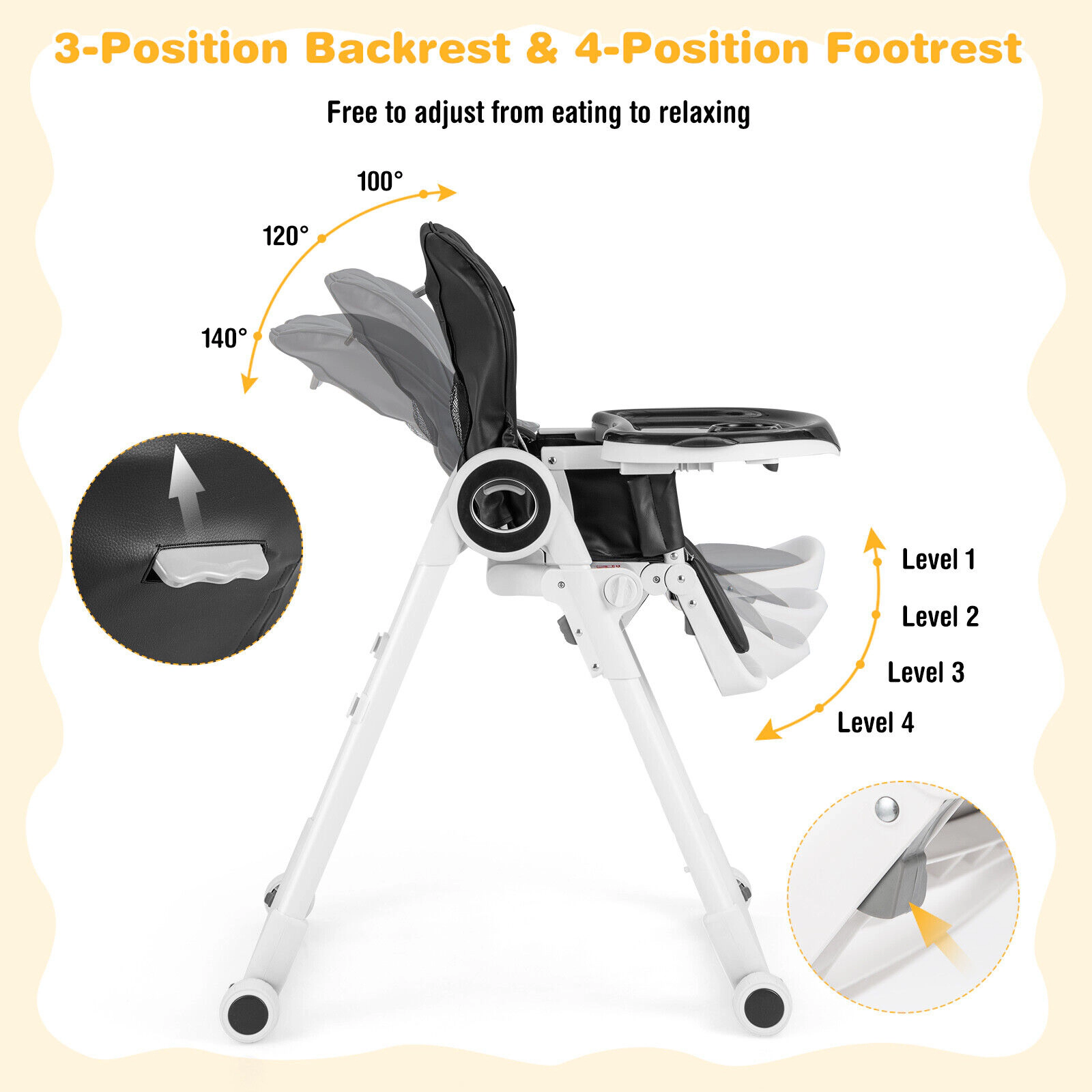SlickBlue Black Adjustable Baby High Chair with Folding Design, Double Tray
