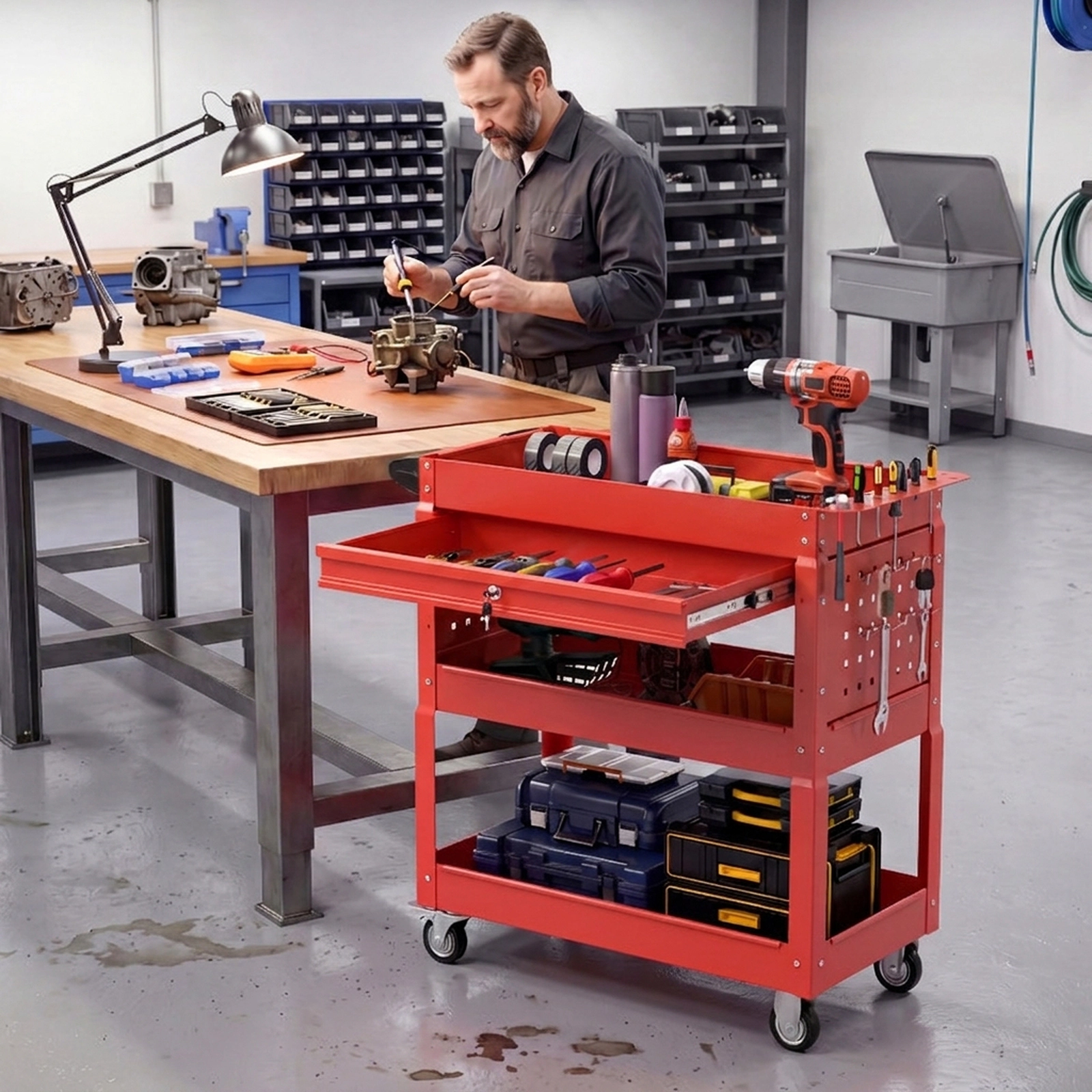 SUGIFT 3-Tier Rolling Tool Cart Shelving Unit with Lockable Drawer 350-lb Capacity Garage and Workshop Organizer Red