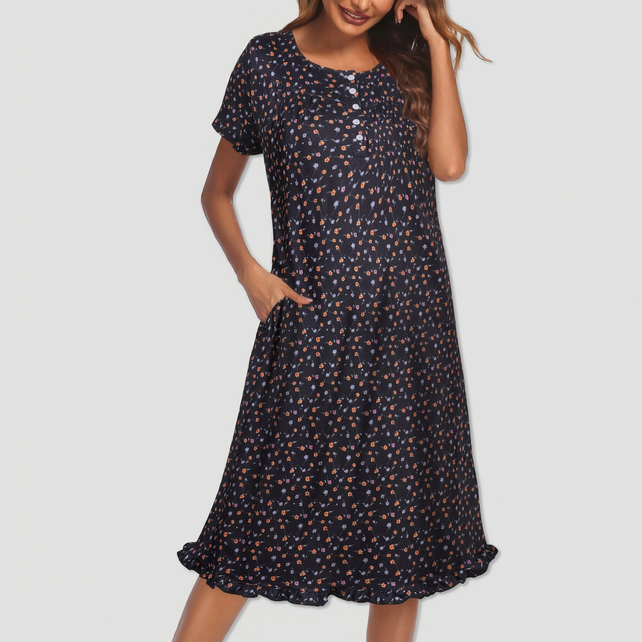 Ekouaer Women's Floral Short Sleeve Button-Front Muu House Dress with Pockets