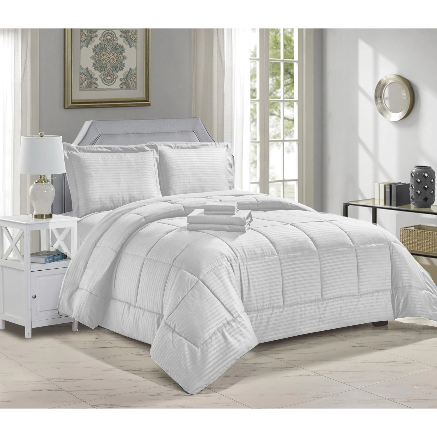 Plazatex Embossed 8 Piece s Stripe All Season Ultra Soft High Quality Microplush Comforter Set