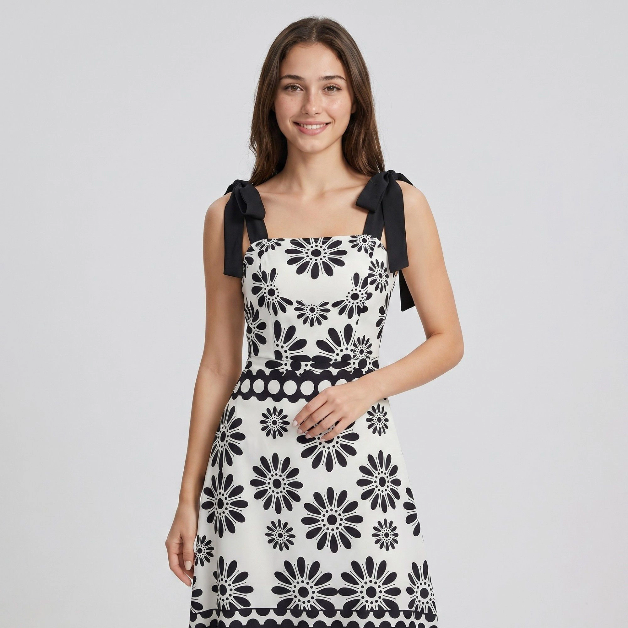 Anna-Kaci Women's Black White Floral Tie Shoulder Smocked Tiered Midi Dress