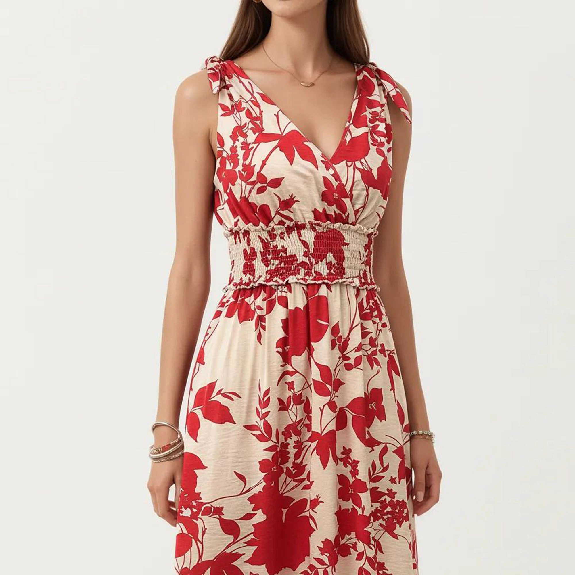 Anna-Kaci Women's Sleeveless V Neck Smocked Waist Flowing Skirt Midi Dress