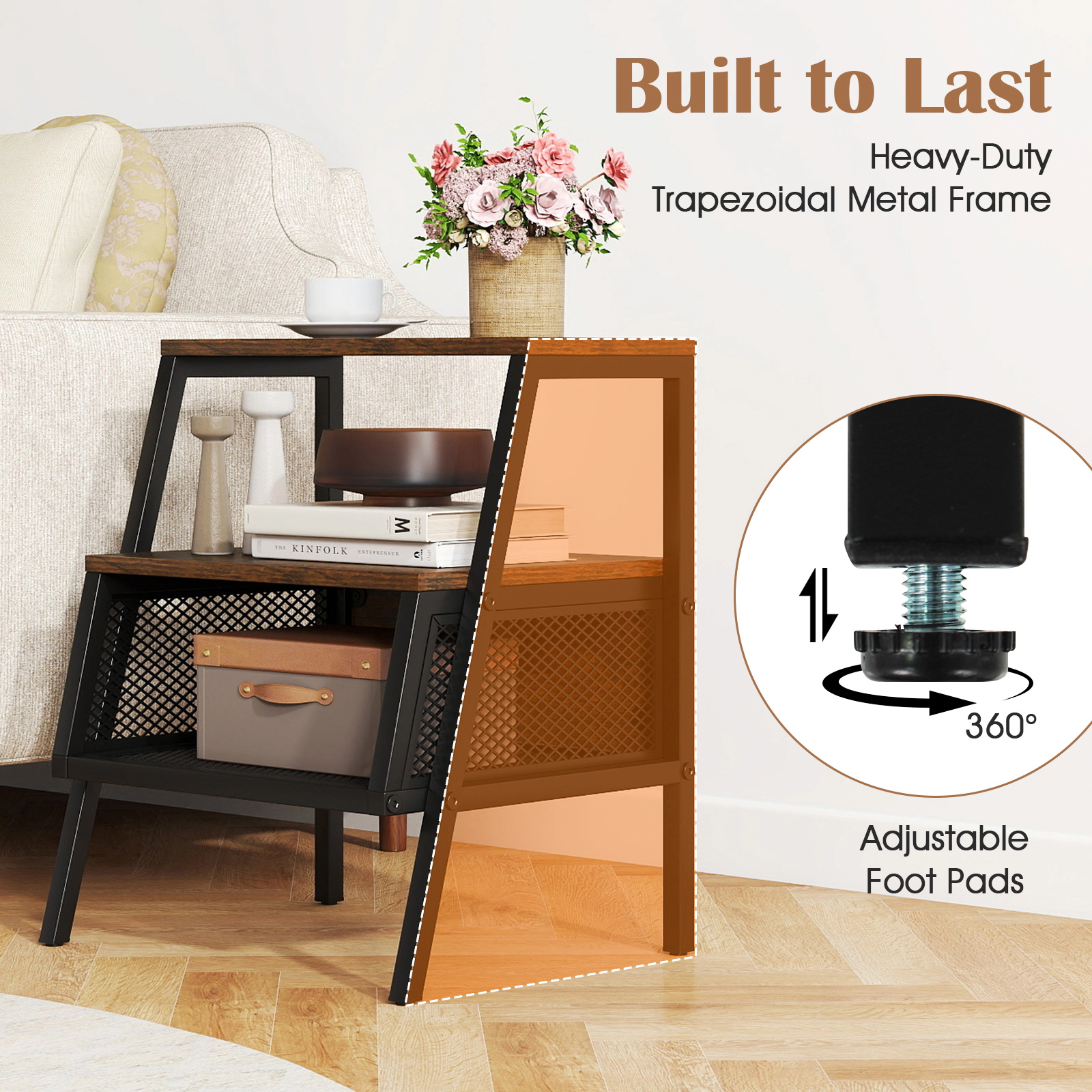 SUGIFT 3-Tier Industrial Nightstand End Table with 2 Open Shelves & Metal Mesh Compartment 22-lb Capacity Rustic Brown +