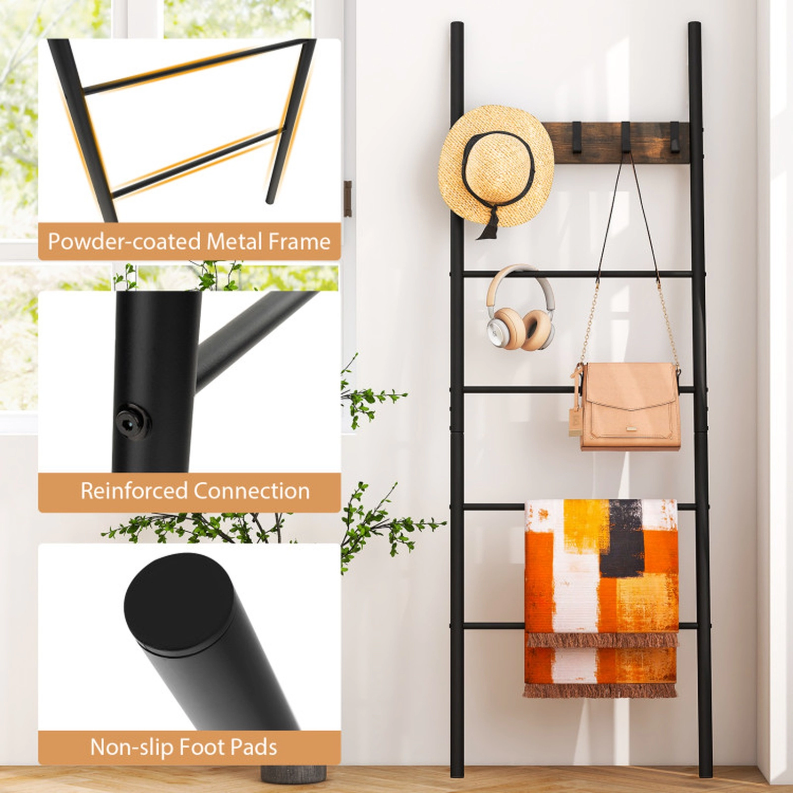 SUGIFT Wall-Leaning 4 Hanging Bars 5 Removable Hooks Blanket Ladder Rack 23.5-in x 70.5-in 45-lb Capacity Rustic Brown