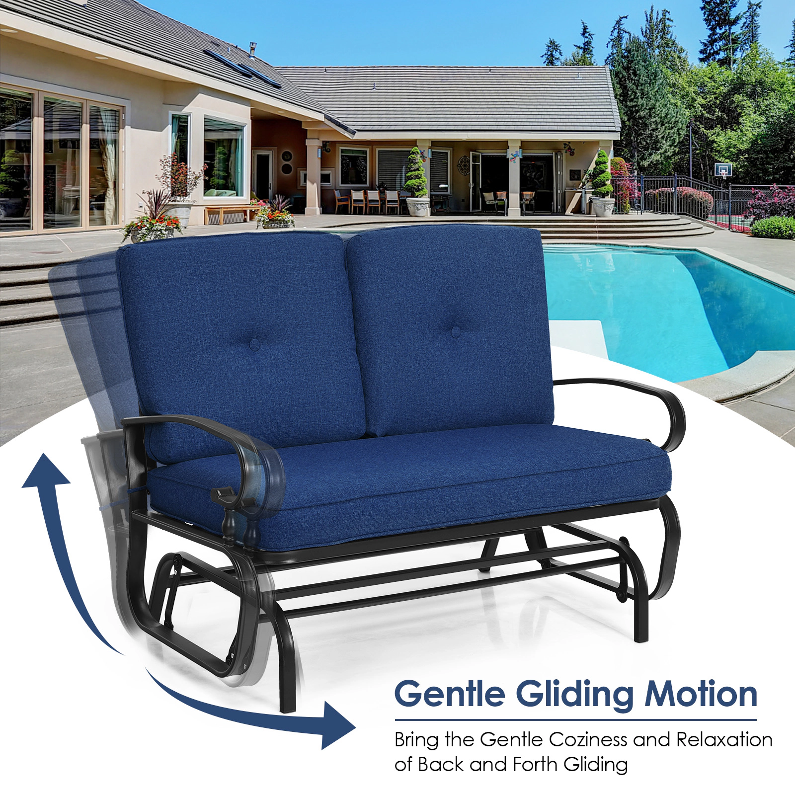 SUGIFT 2-Person Navy Outdoor Glider Swing with Olefin Cushions 47.5-in W 27-in D 33.5-in H 440-lb Seat Capacity