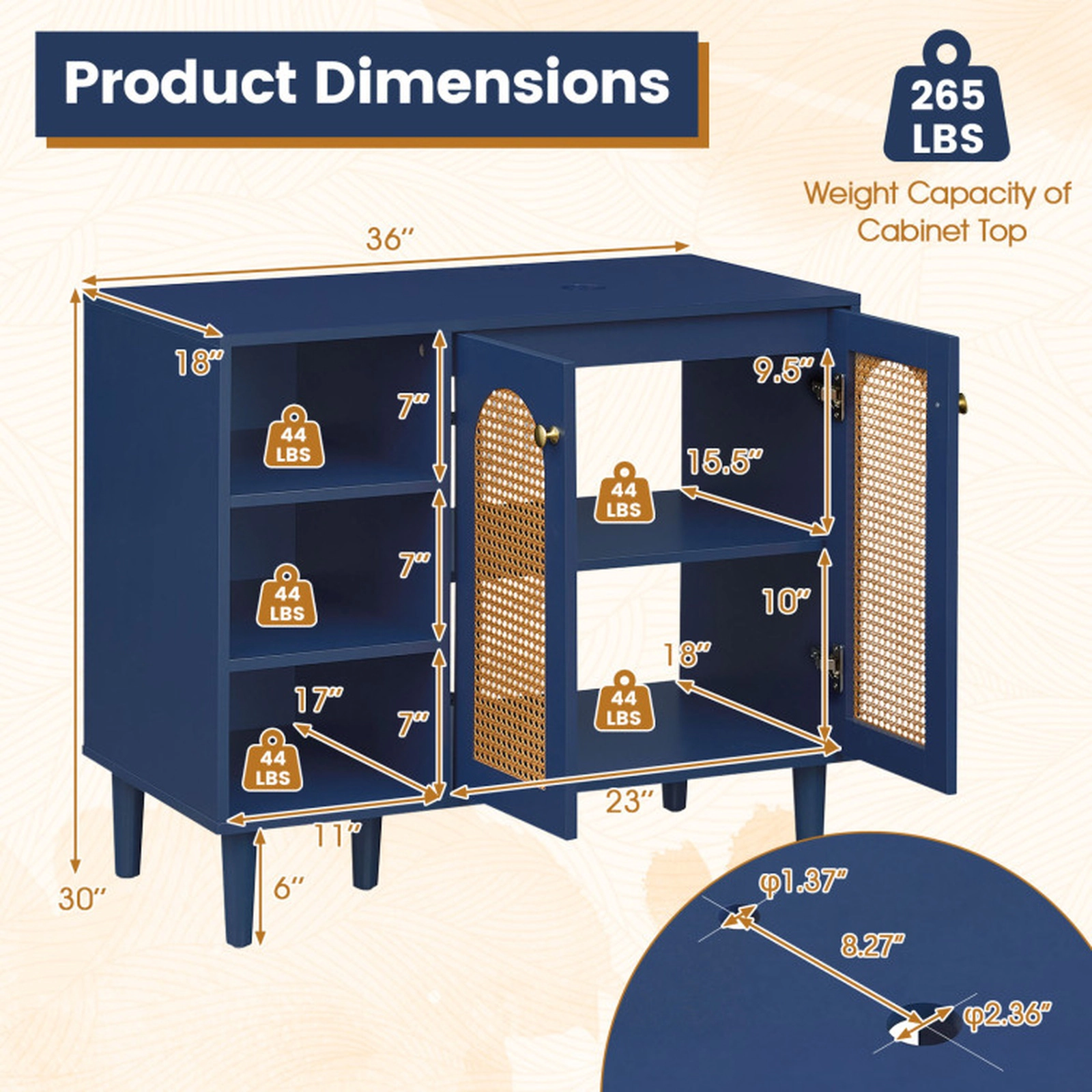SUGIFT 36-in Under Sink Bathroom Cabinet for Vessel Sinks and Single-Handle Faucets 265-lb Top Capacity Navy + Natural