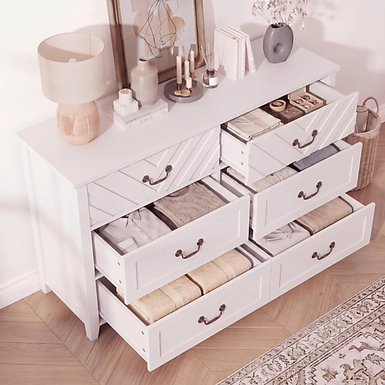 BebreezChic 6 Drawer Dresser with 3D v-Shape Front for Living Room, Nursery, Entryway White