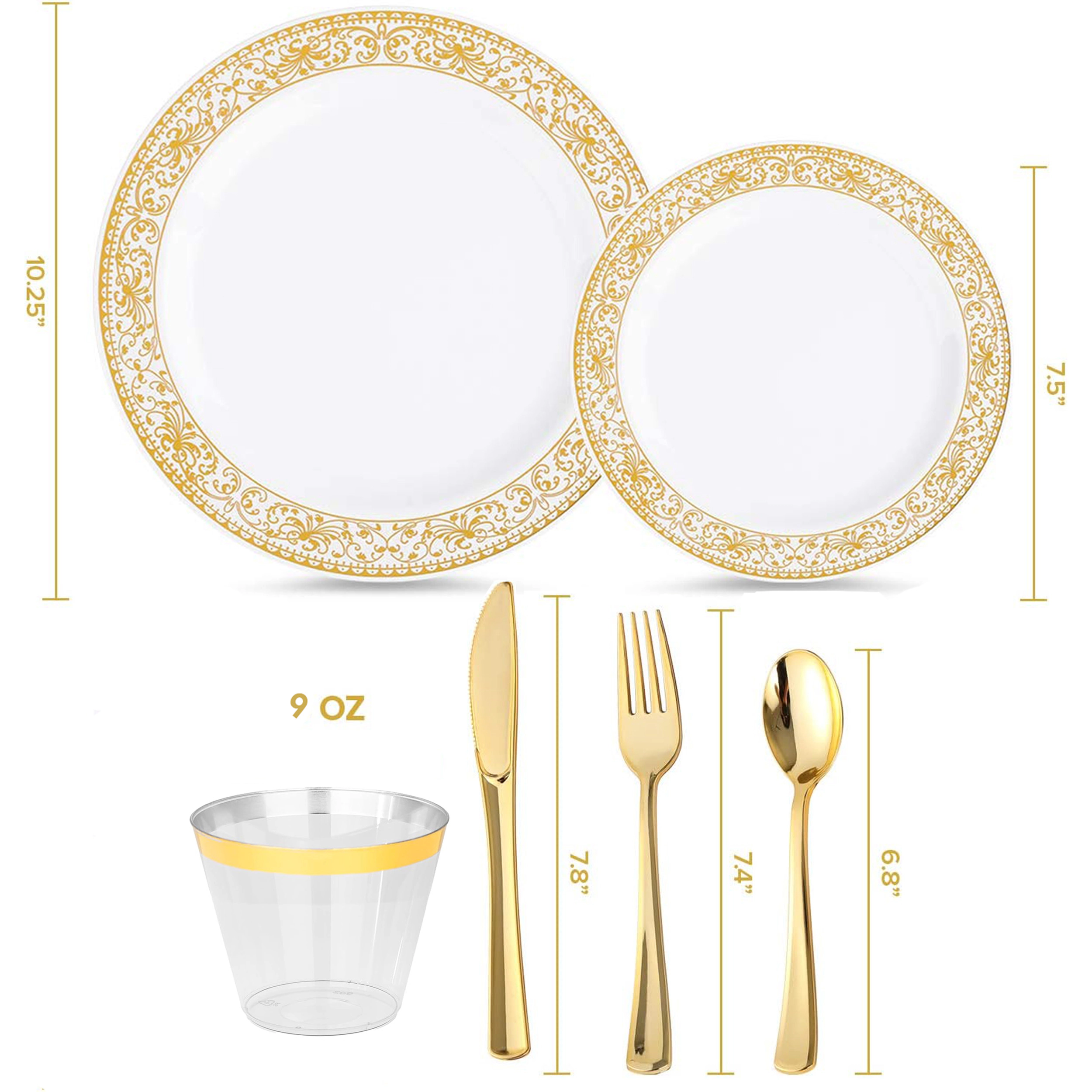 Elama 150 Piece Disposable Plastic Dinnerware Party Set for 25 Guests in White with Gold Decal Trim