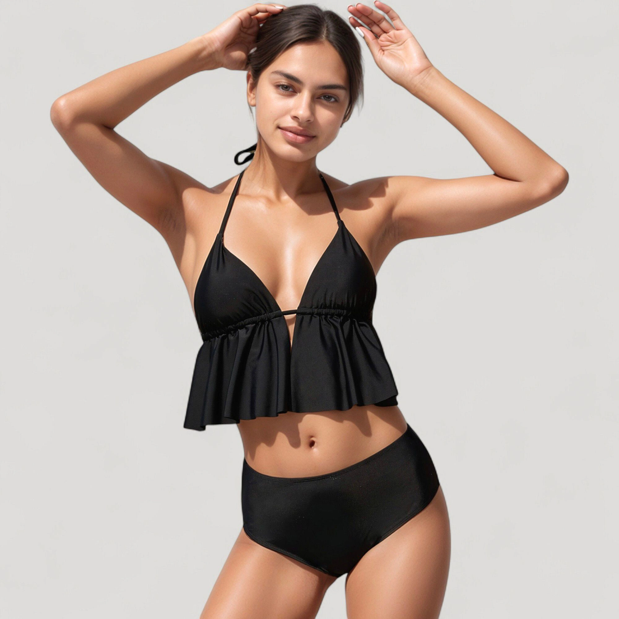 Anna-Kaci Women's Halter Bikini Set with Ruffle Tank Style Top and High Waist Bottoms