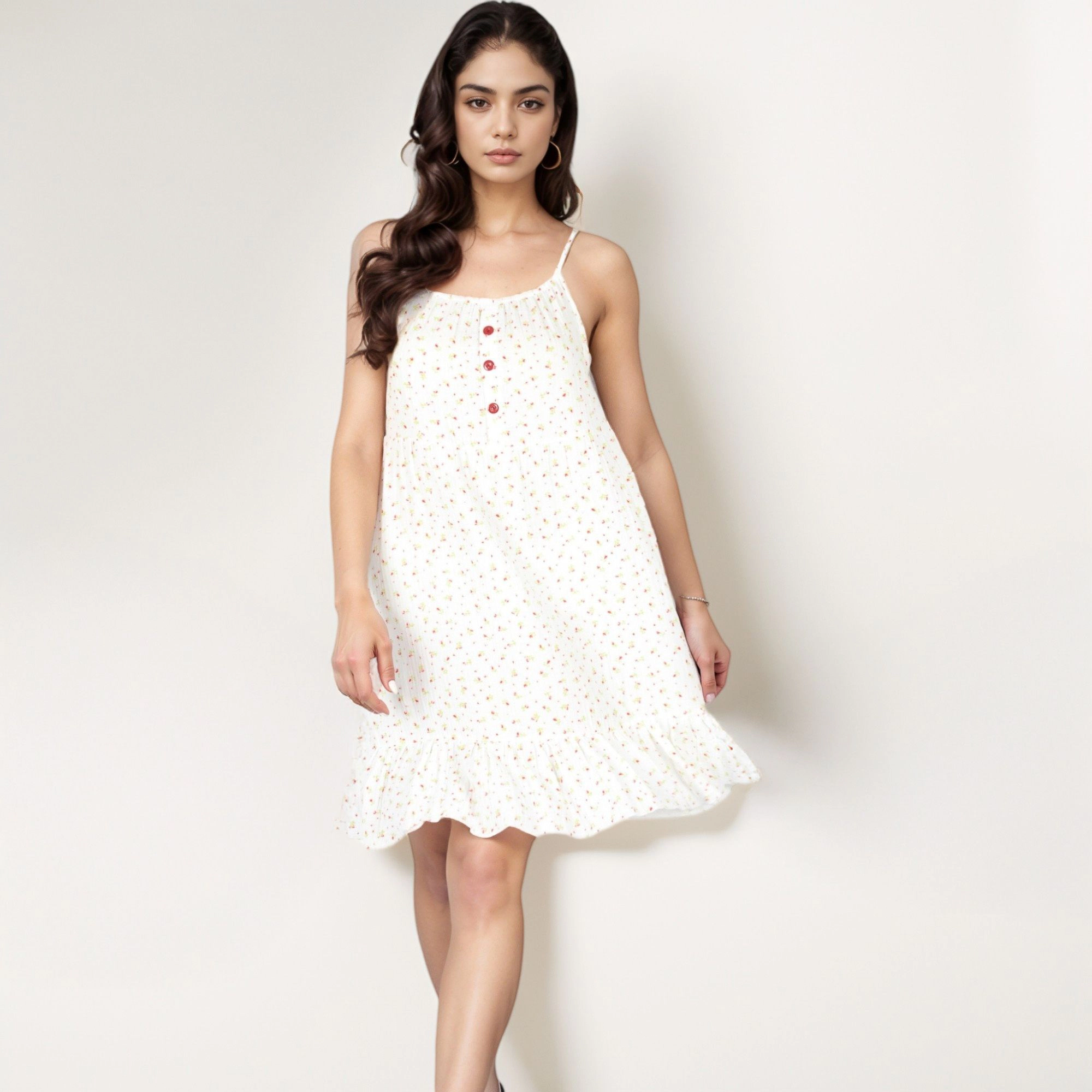 Anna-Kaci Women's Sleeveless Mini Floral Button Front Detail Ruffle Hem Sleepdress