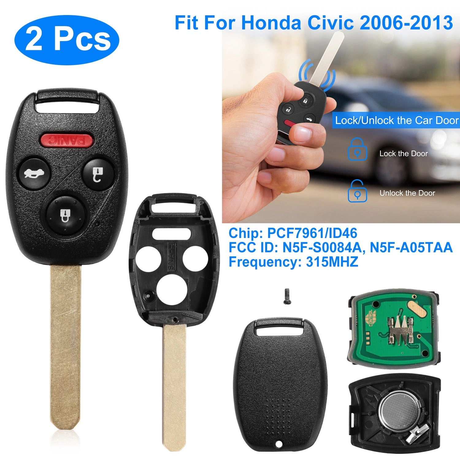 GBruno 2-Piece Remote Key Fob For Honda Civic 2006-2013