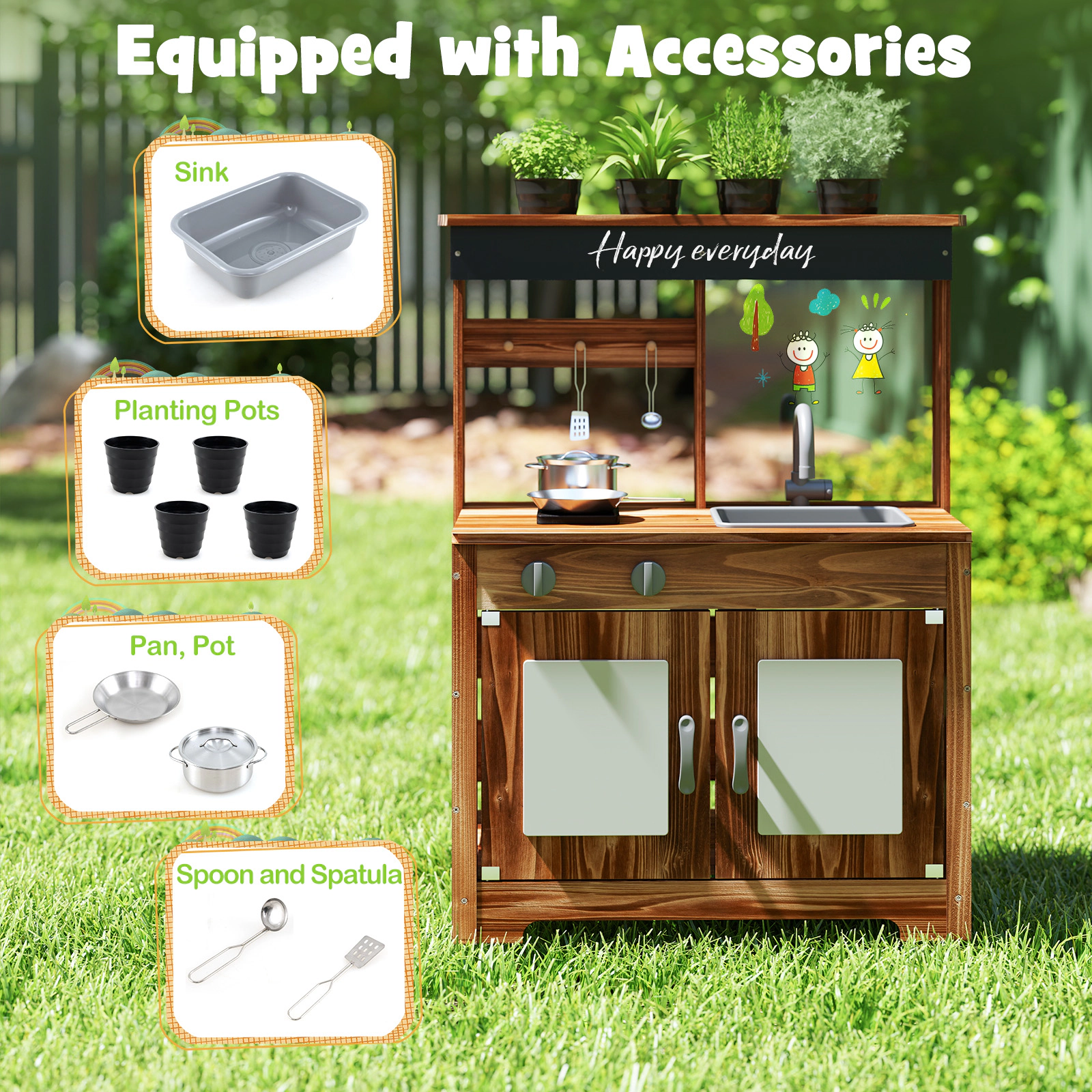 Fir Wood Mud Kitchen 4 Planting Pots DIY Acrylic Board Chalkboard Removable Sink 27-in Outdoor Kitchen Ages 3+ Natural
