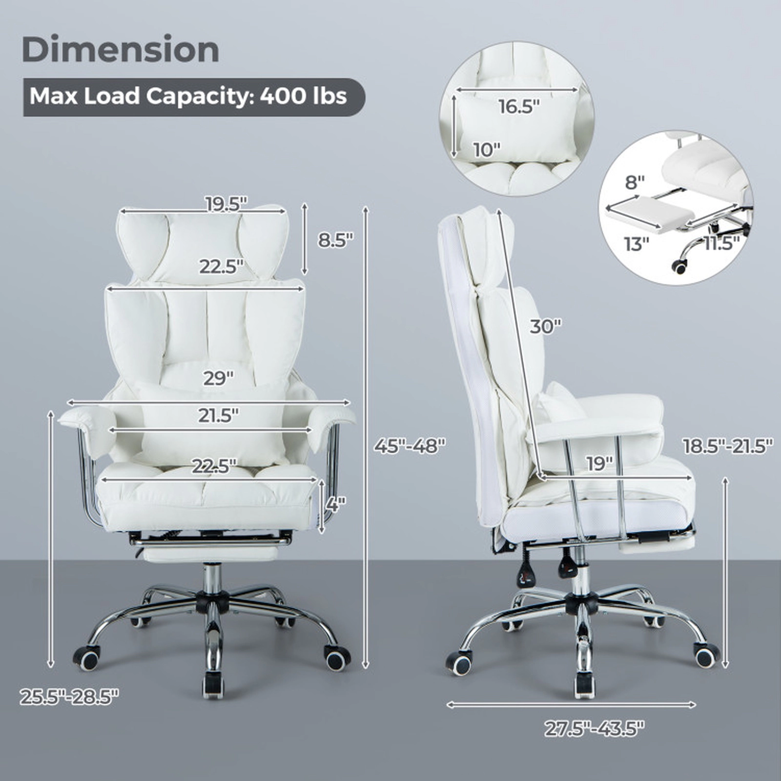 SUGIFT High Back Retractable Footrest PU Leather Executive Office Chair 29-in x 27.5-in x 45-in 400-lb Capacity White