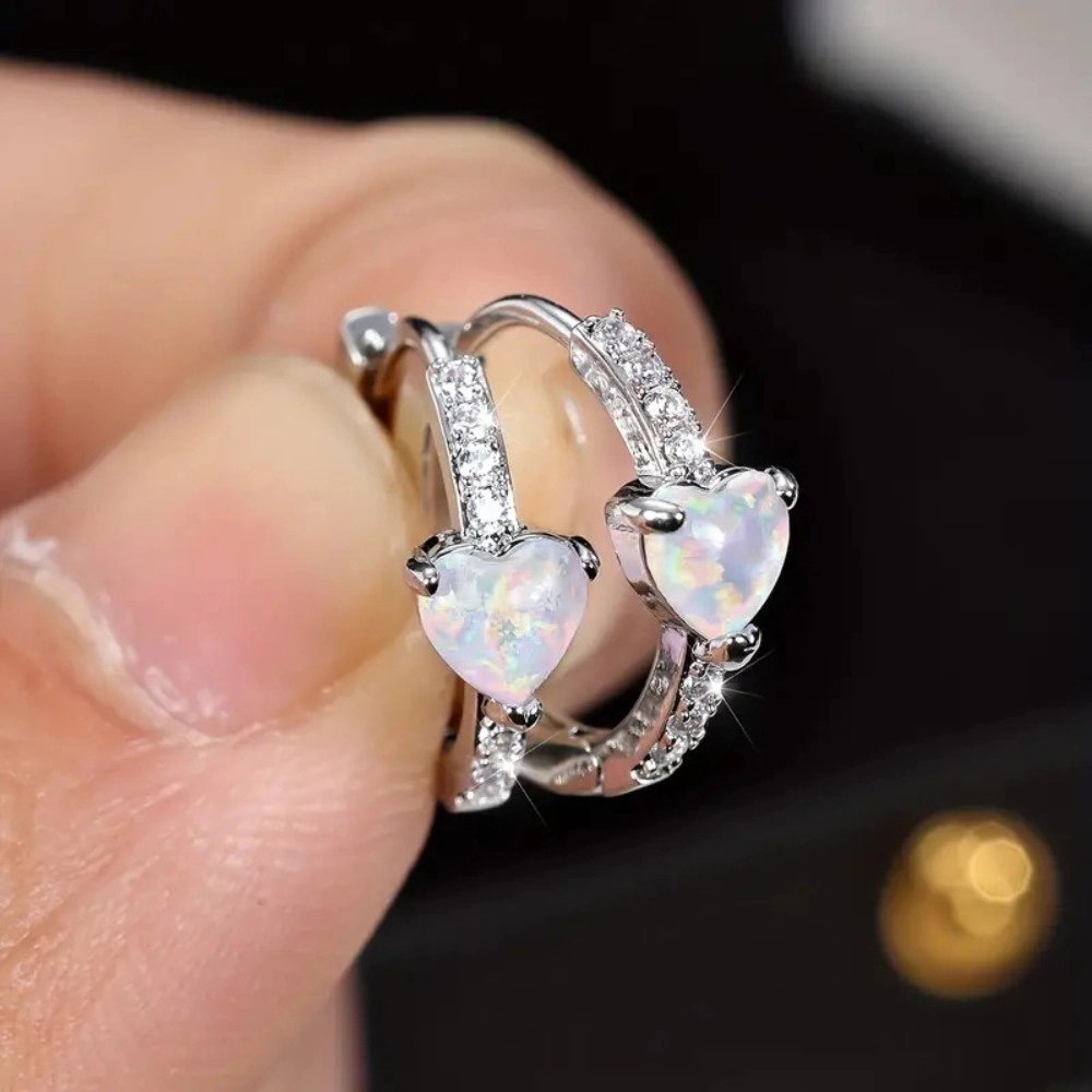 Cute Petite Heart Shaped Simulated Opal Inlay Zirconia Hoop Earring