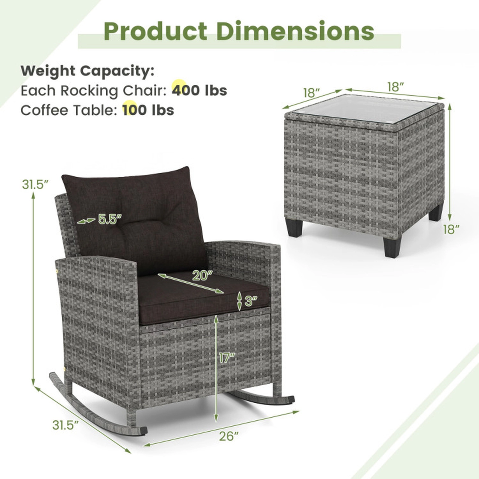 SUGIFT 3-Piece Patio Rattan Rocker Conversation Set with Tempered Glass Table 400-lb Capacity Mix Gray-Black