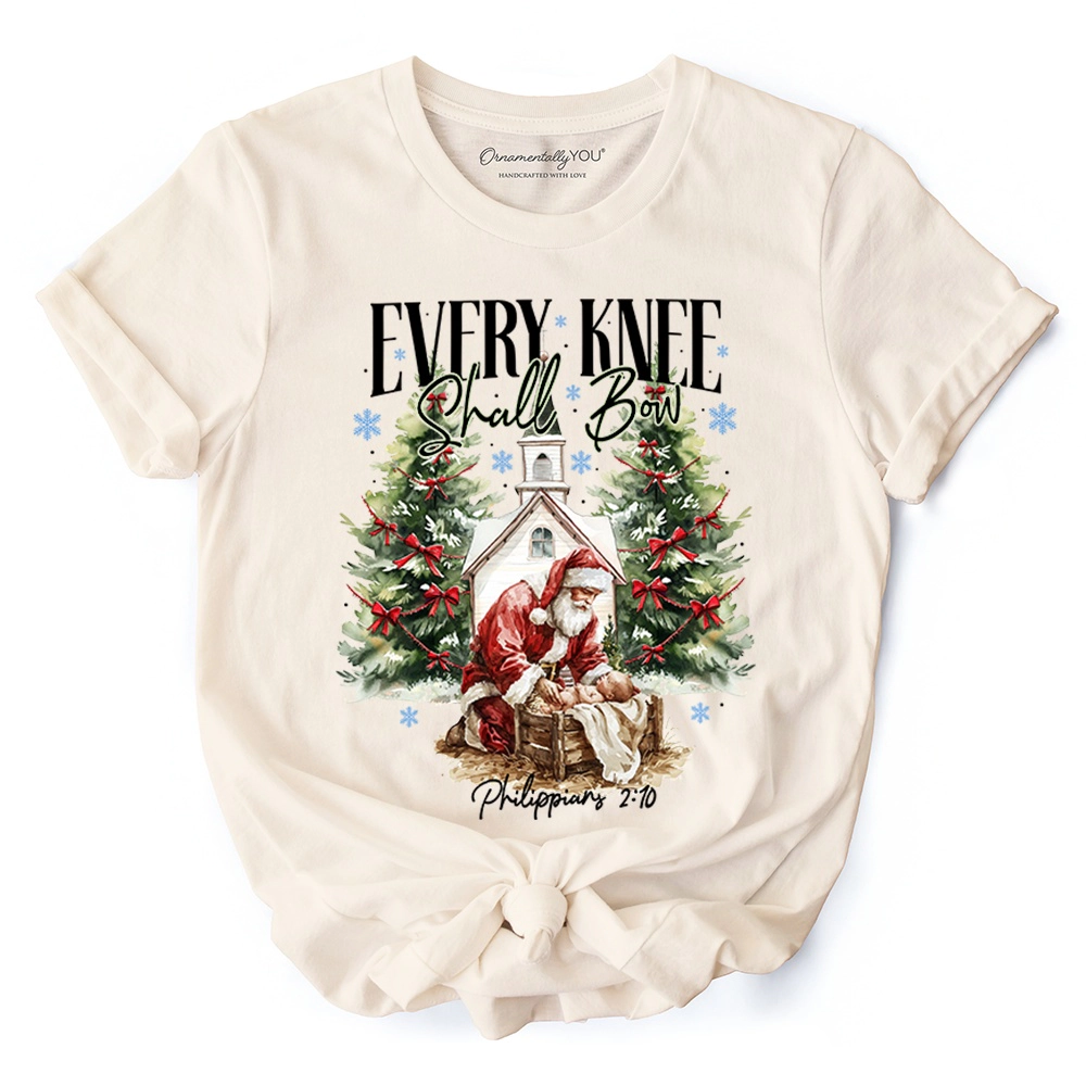 OrnamentallyYou Unisex Every Knee Shall Bow" Nativity Santa Christmas T-Shirt