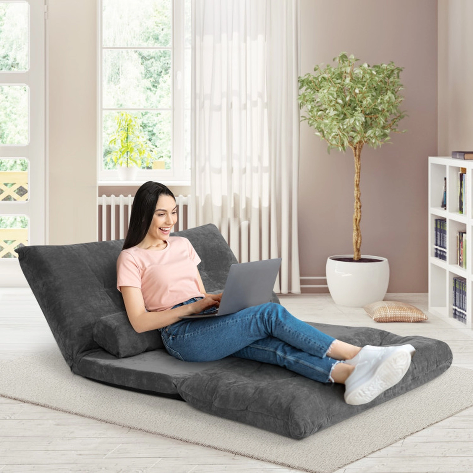 SUGIFT 6-Position 2 Pillows Corduroy Convertible Sleeper Floor Sofa Bed 71-in x 42.5-in x 7-in 330-lb Capacity Gray