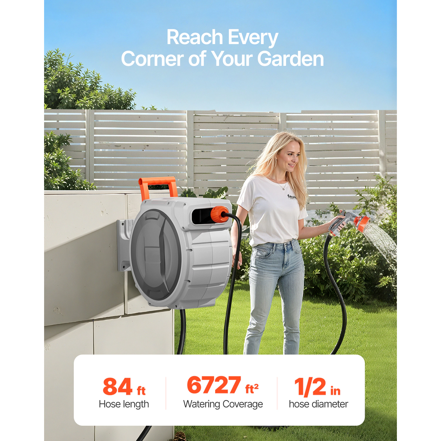 HONGGE Retractable Garden Hose Reel, 1/2 in x 84 ft, Wall-Mounted, 9-Pattern Nozzle, Slow Rewind, 180 Swivel Bracket