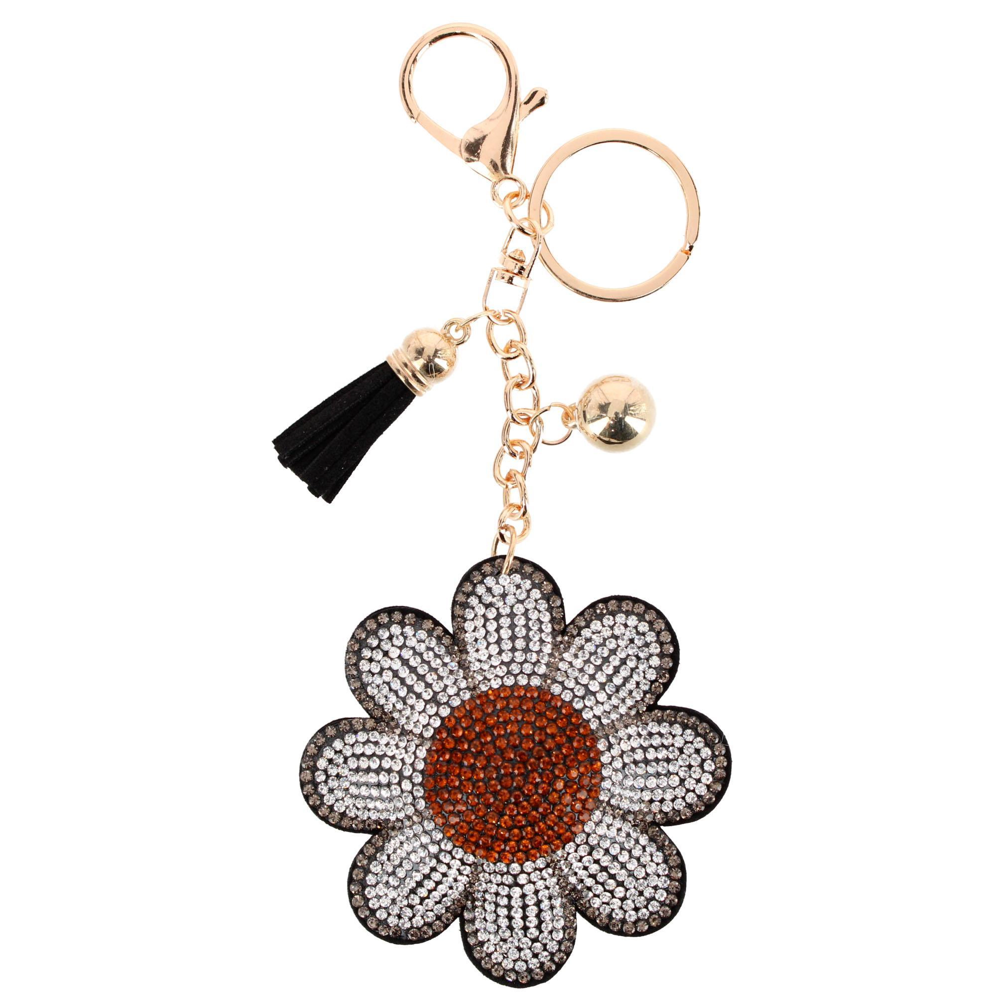 CTM Women's Rhinestone Daisy with Tassel Bag Charm & Key Charm