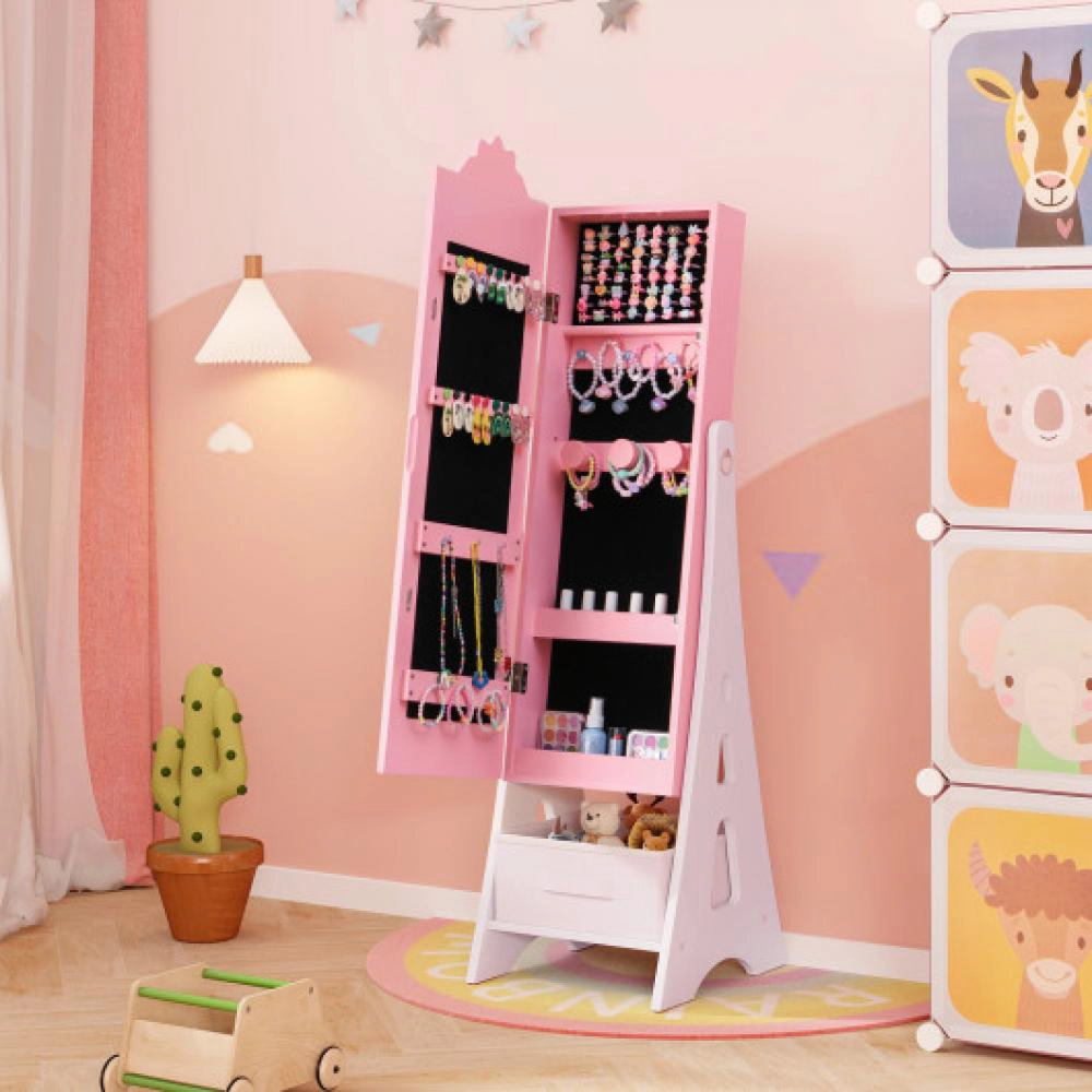 Hivvago Kids Jewelry Cabinet with Full-Length Mirror and Foldable Drawer