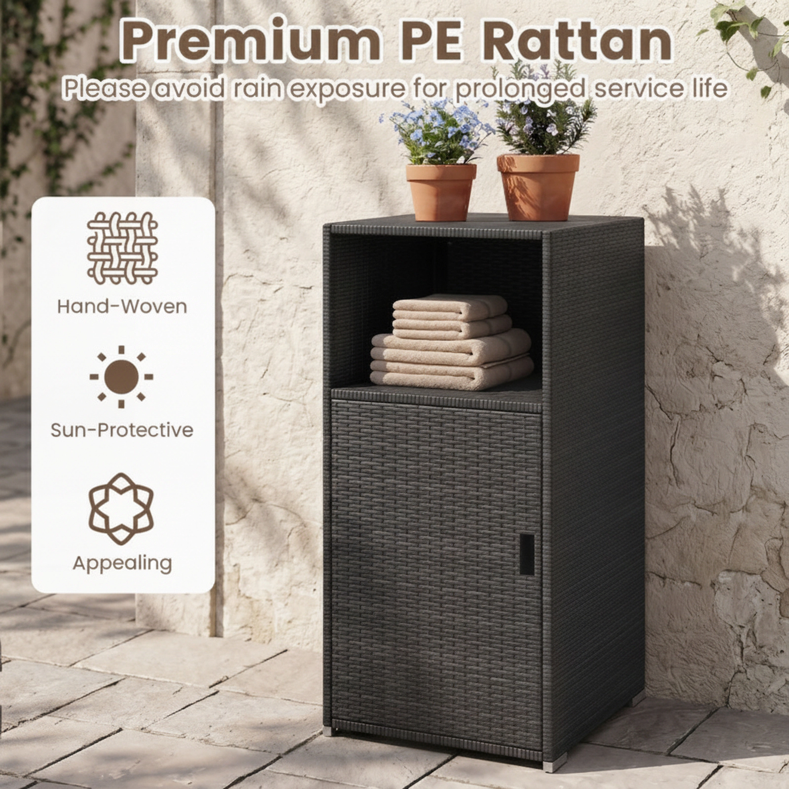 SUGIFT Black Hand-Woven PE Rattan Outdoor Storage Cabinet with Door Open Compartment and 66-lb Tiers