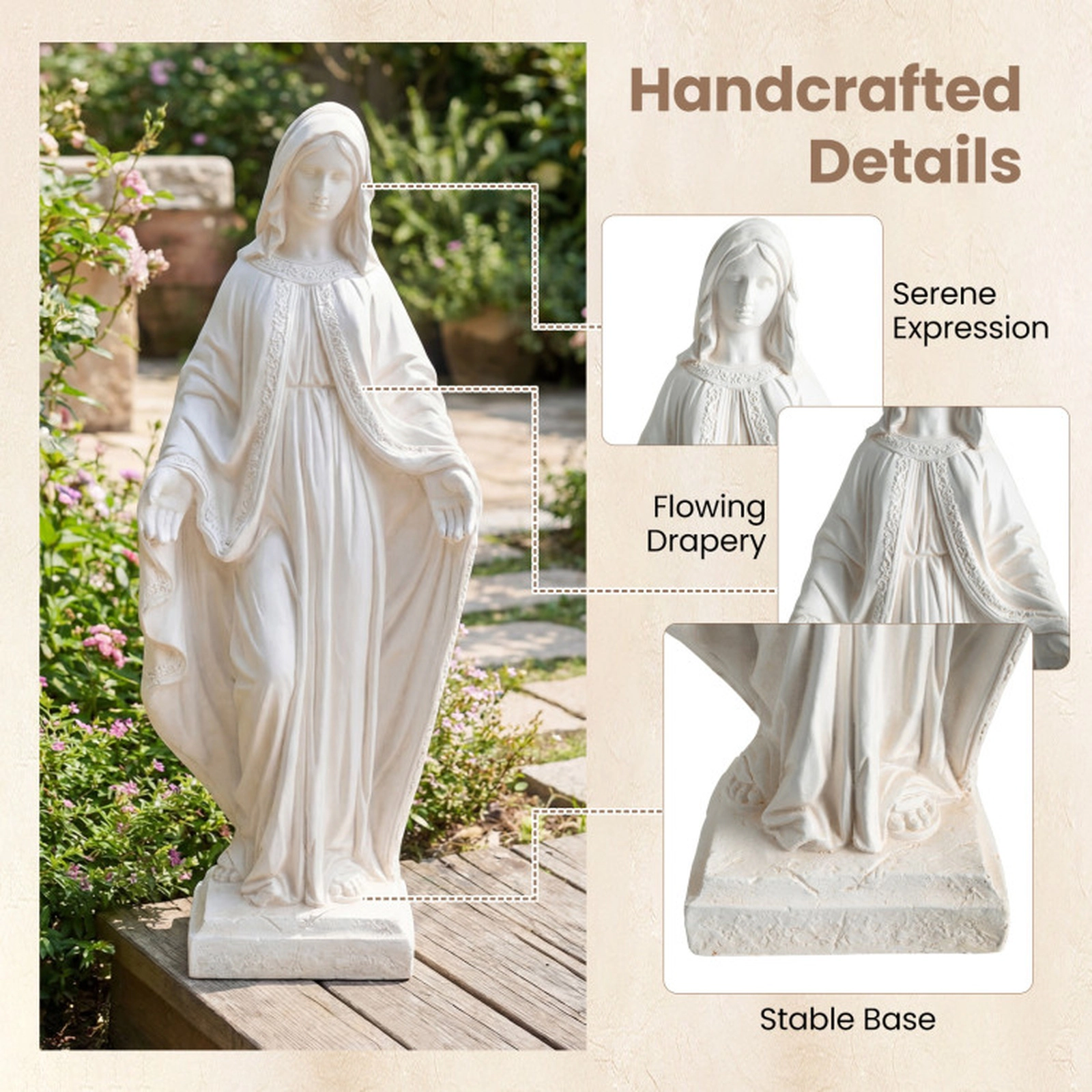 SUGIFT 31.5-in Virgin Mary Magnesium Oxide Fiber Statue with Aged Finish for Yard Patio 12-lb Net Weight White 8.5 x 8.5