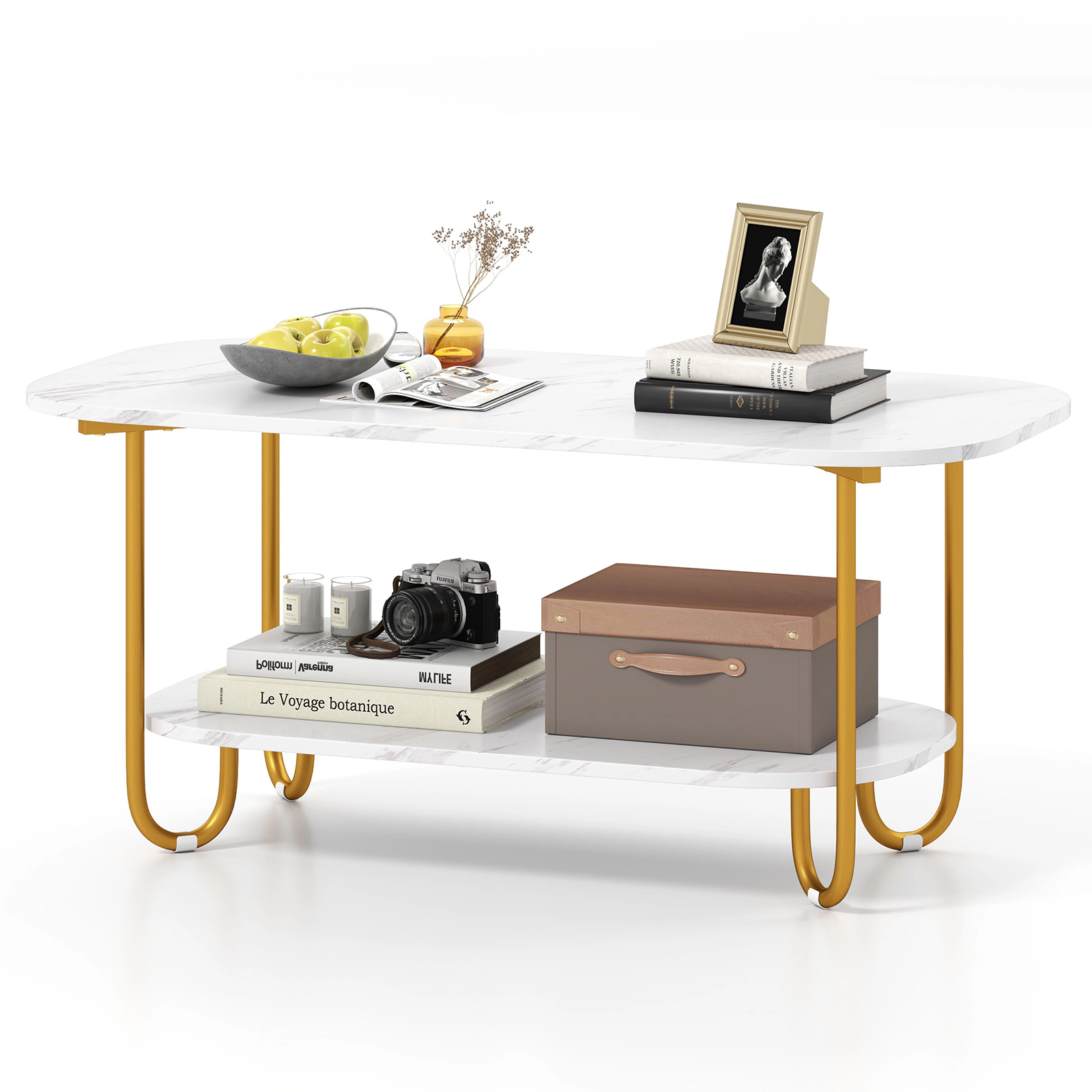 Glintex 2-Tier 42-Inch Faux Marble Coffee Table with Powder-Coated Frame, White