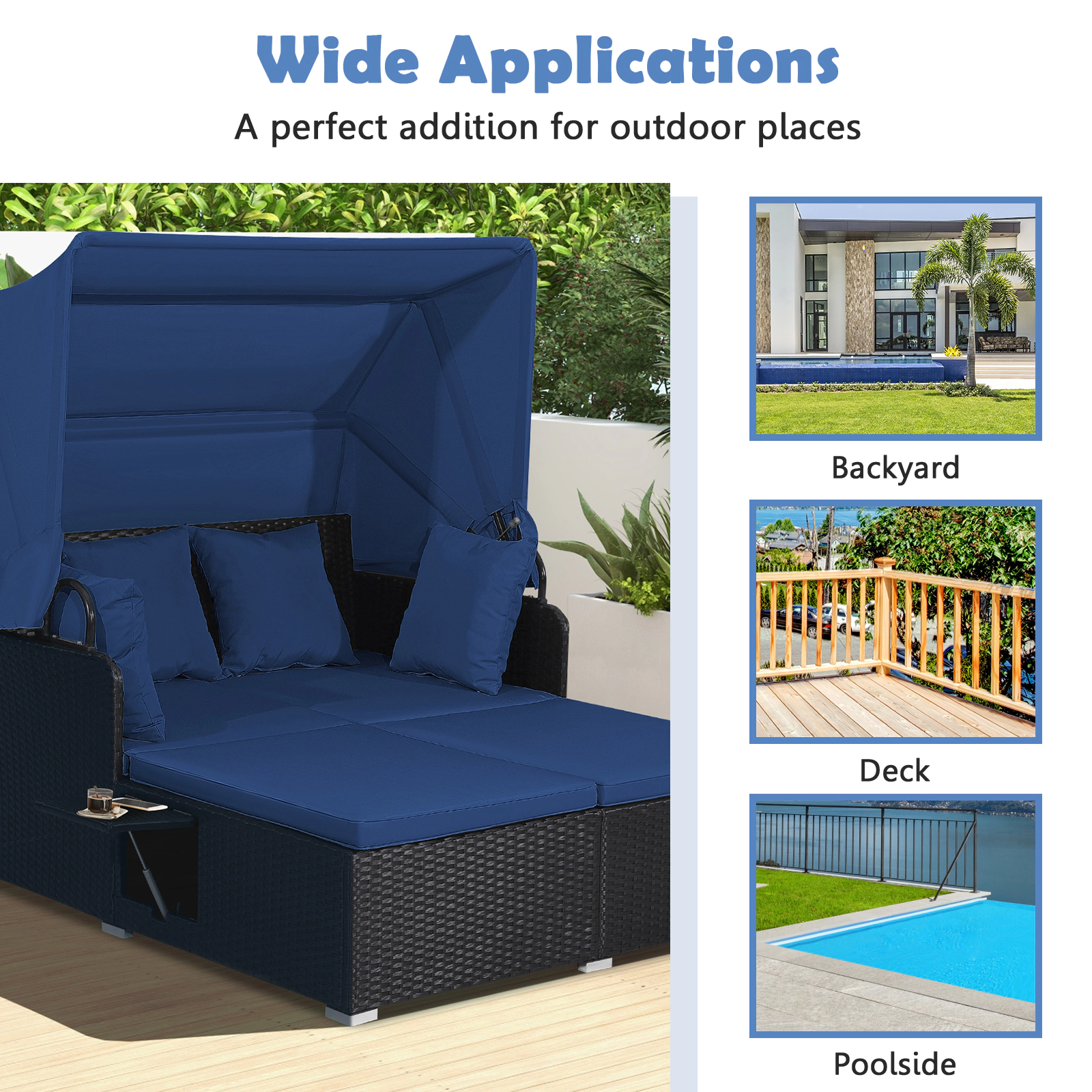 SUGIFT Gray PE Wicker Round Patio Daybed with Retractable Canopy and Table 75-in Dia 57.5-in H 800-lb Sofa Capacity