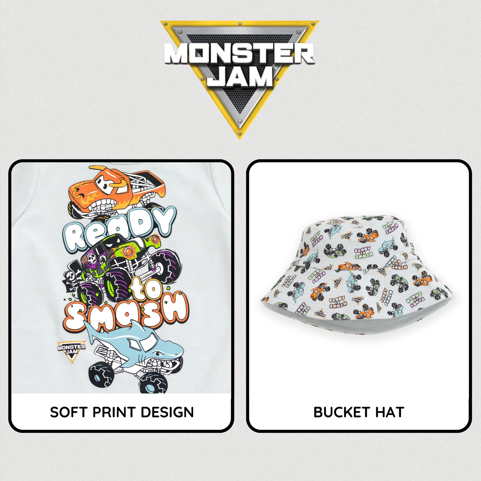 Monster Jam Boys' One Piece Romper and Bucket Hat Set