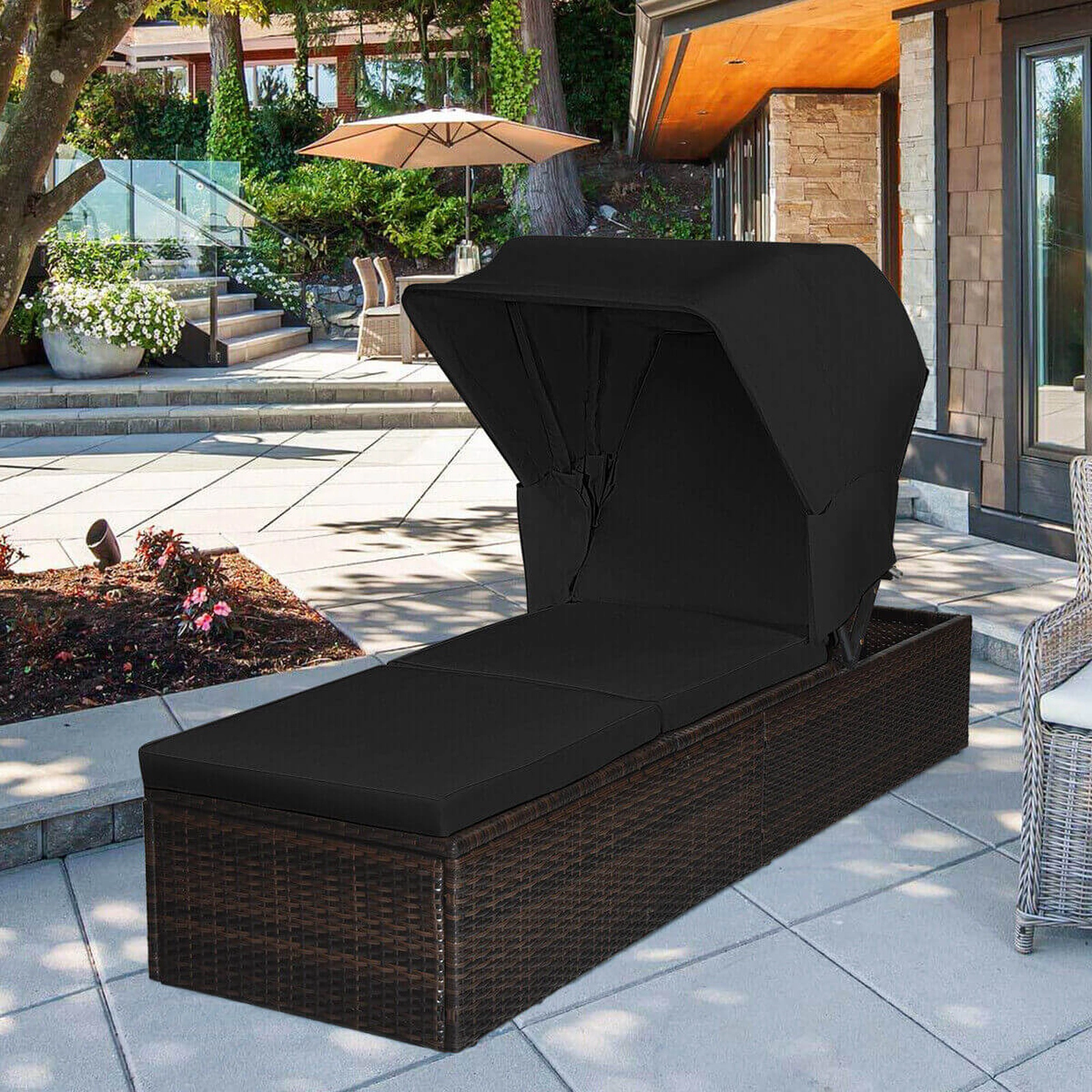 SUGIFT Outdoor Chaise Lounge Chair with Retractable Canopy, 5-Position Backrest, Black