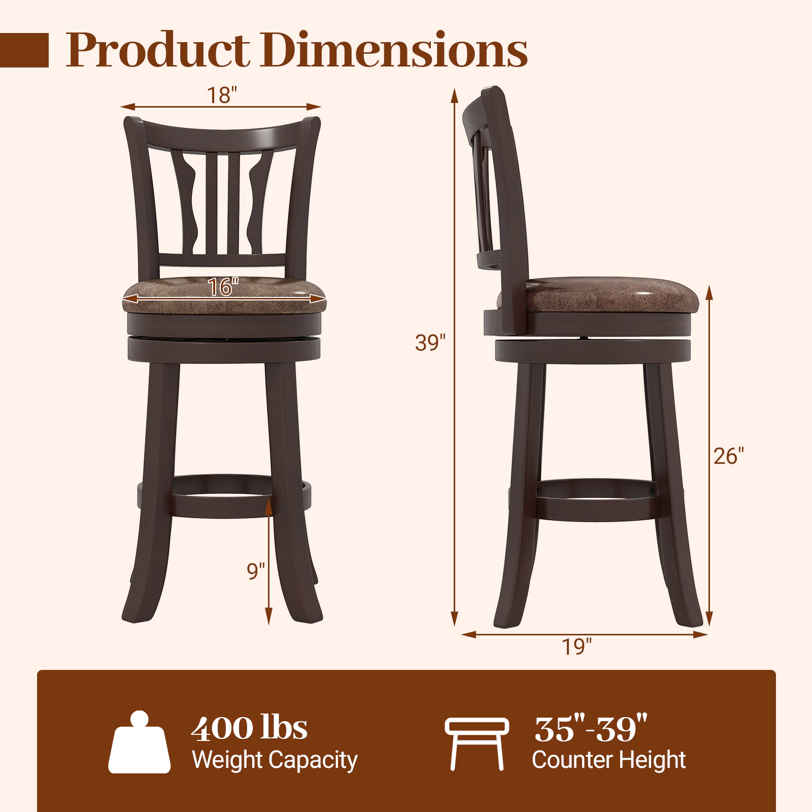 SUGIFT 360° Swivel Counter Height Bar Stools Set of 2 with Back 400-lb Capacity 26-in Seat Height Cappuccino
