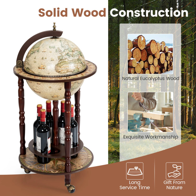Hivvago 17 Inch Italian Style Design Wooden Globe Liquor Bottle Wine Rack with Wheels