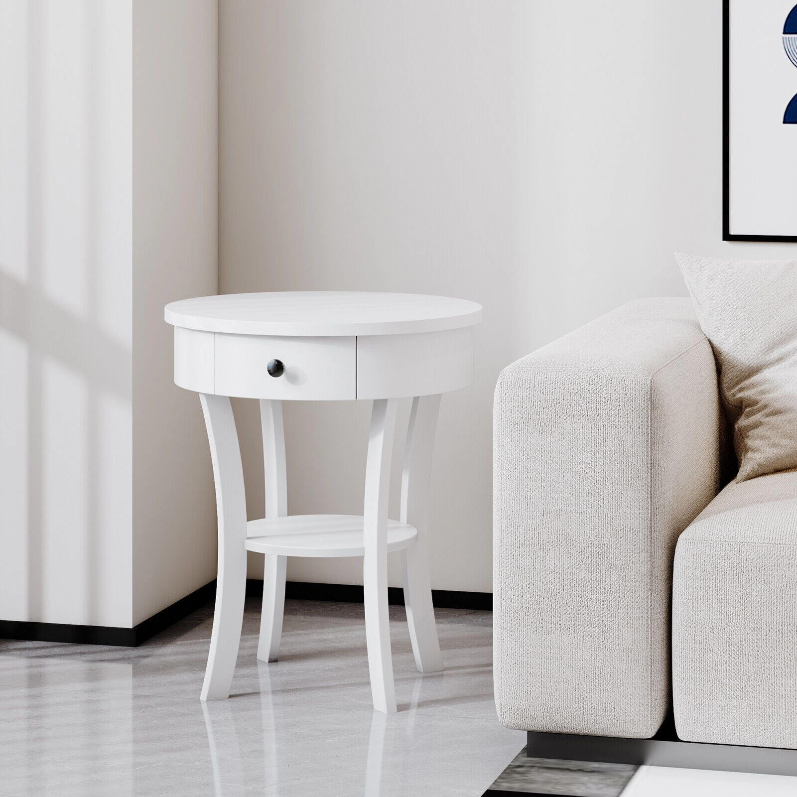 SlickBlue Modern Round End Table with Drawer and Storage Shelf