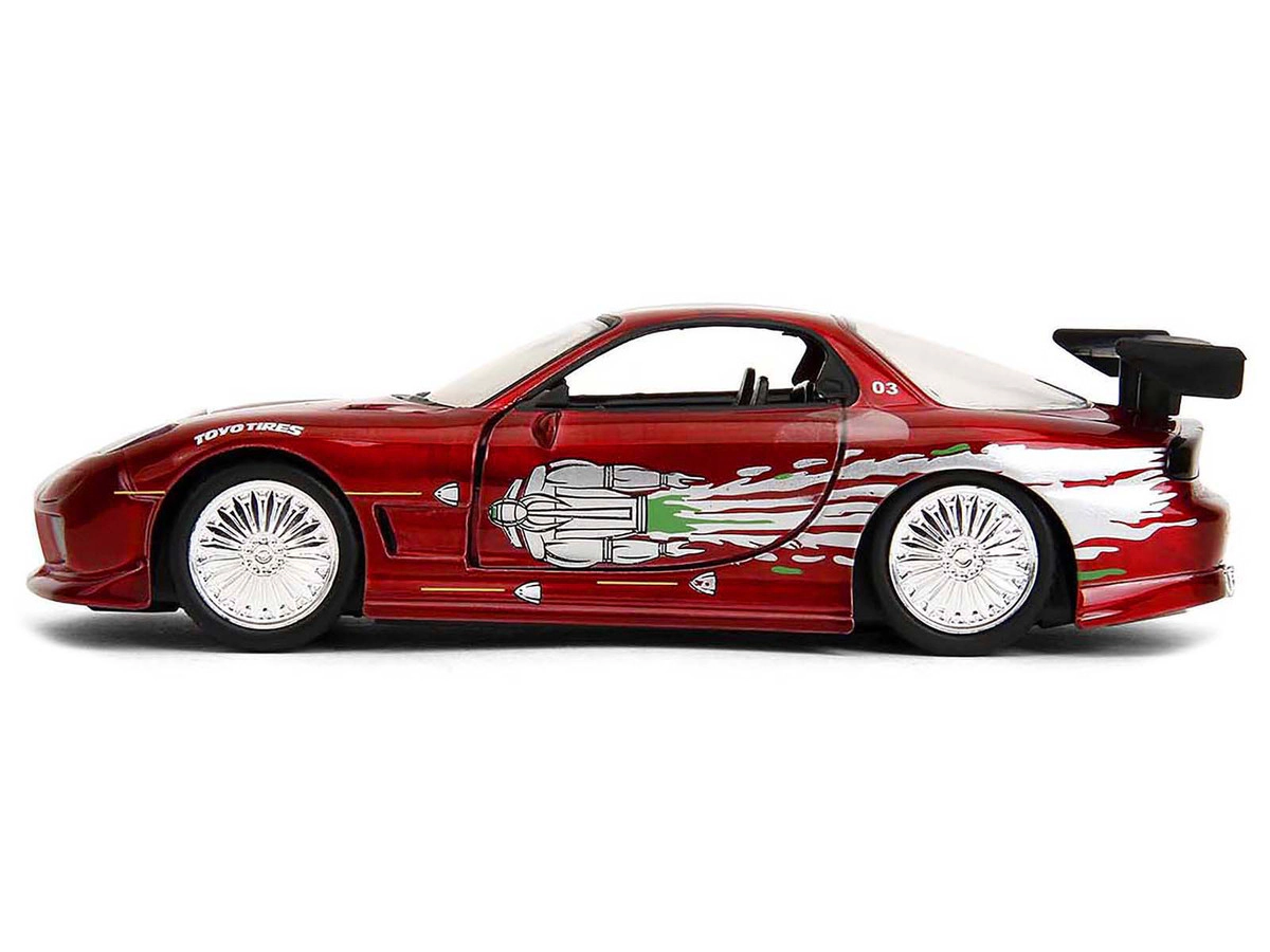 Jada Dom's Mazda RX-7 Candy Red with Graphics "The Fast and the Furious" (2001) Movie "25 Years of Fast &